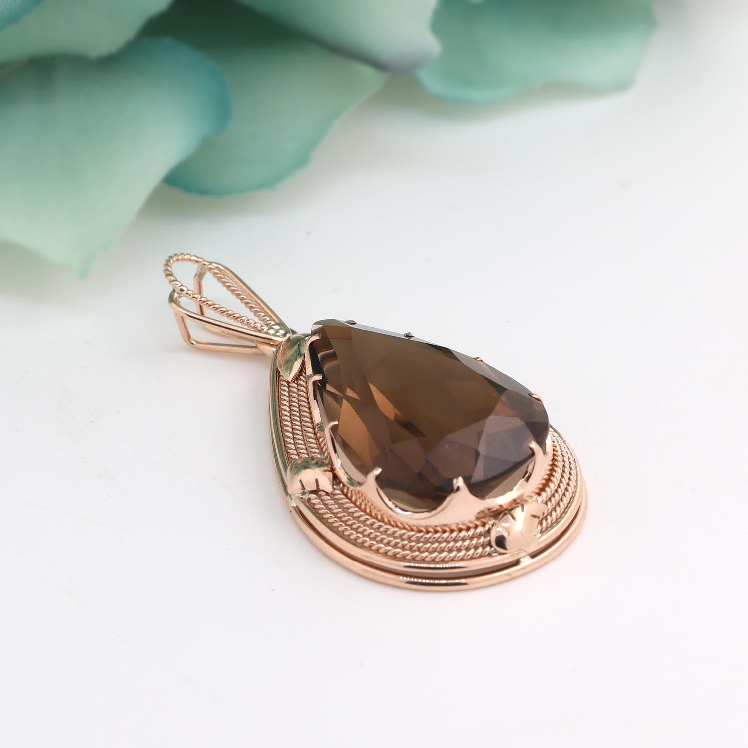 Vintage Smoky Quartz Gemstone Pendant 10K Yellow Gold 32.25 TW 2"