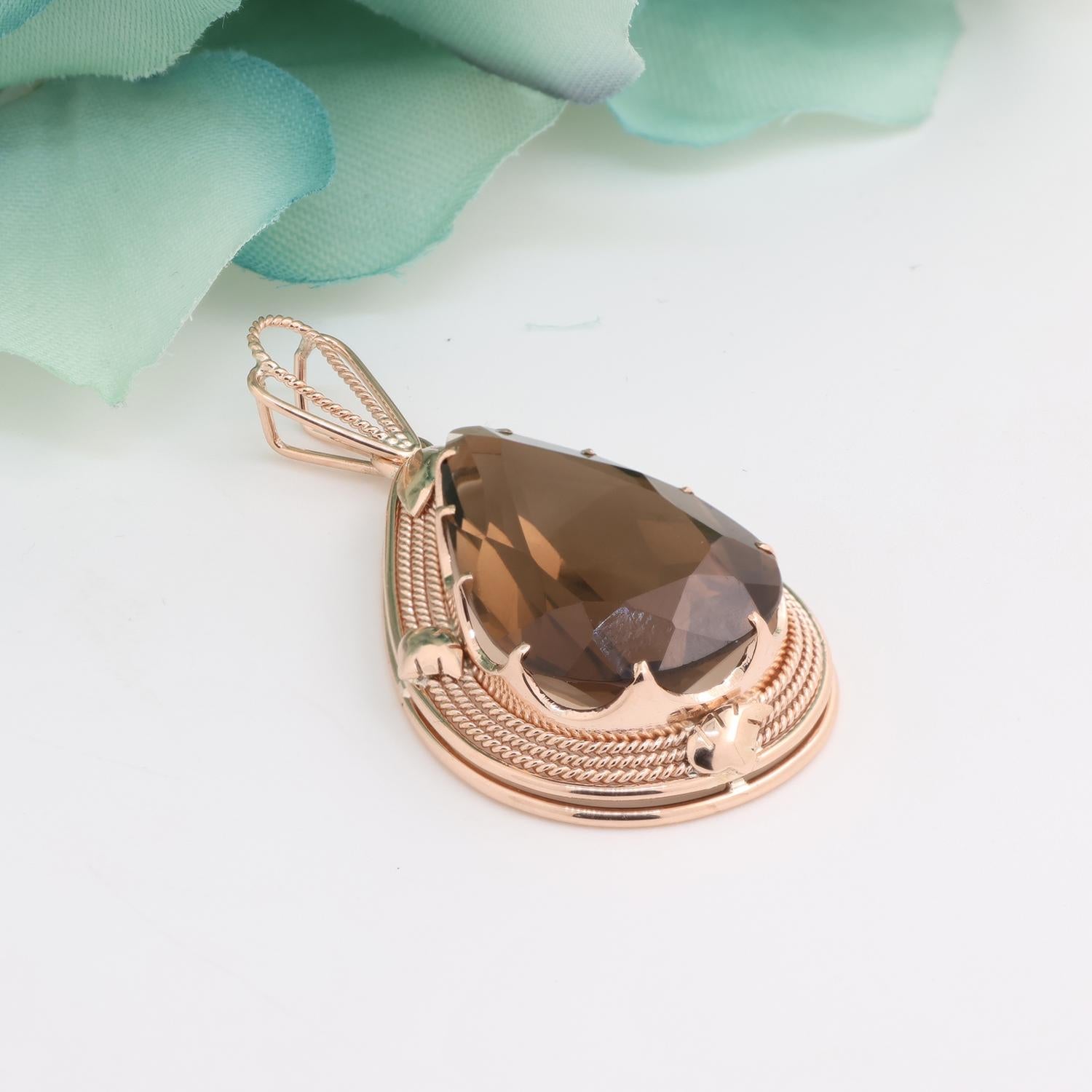 Vintage Smoky Quartz Gemstone Pendant 10K Yellow Gold 32.25 TW 2"