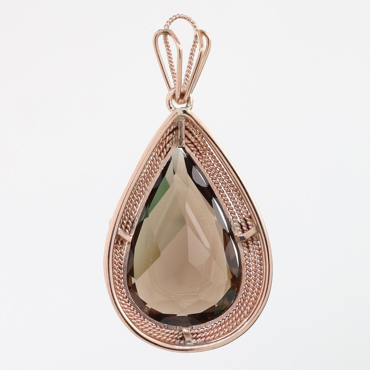 Vintage Smoky Quartz Gemstone Pendant 10K Yellow Gold 32.25 TW 2"