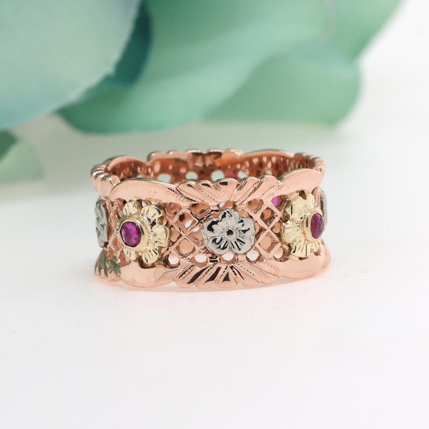 Tourmaline Floral Band Ring 14K Tri-Color Gold Filigree 0.24 CTW Size 7.5