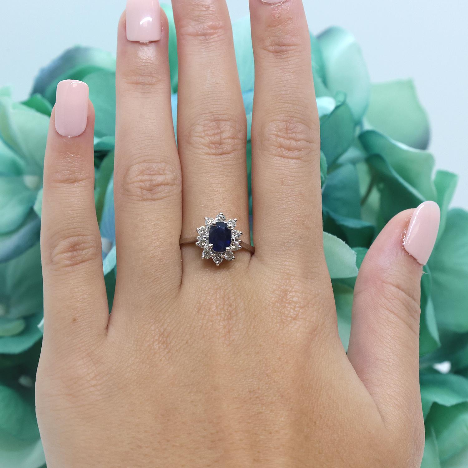 Effy BH Sapphire Diamond Halo Ring Floral 14K White Gold 1.50 CTW