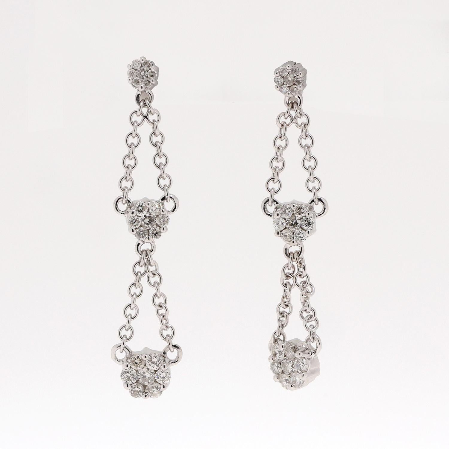 1.00 TW Diamond Floral Dangle Earrings 14K White Gold Chain Link 1.45" Estate