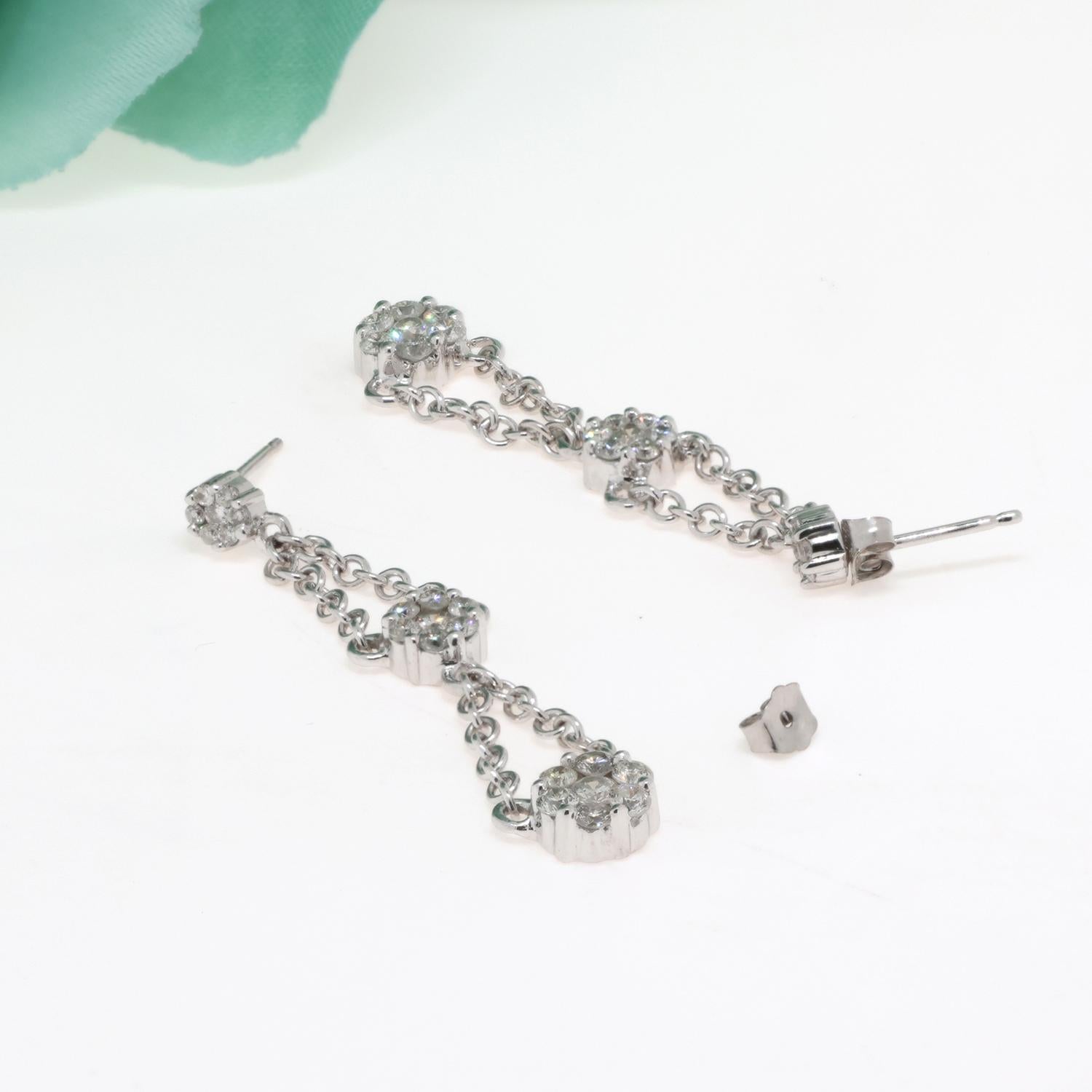 1.00 TW Diamond Floral Dangle Earrings 14K White Gold Chain Link 1.45" Estate