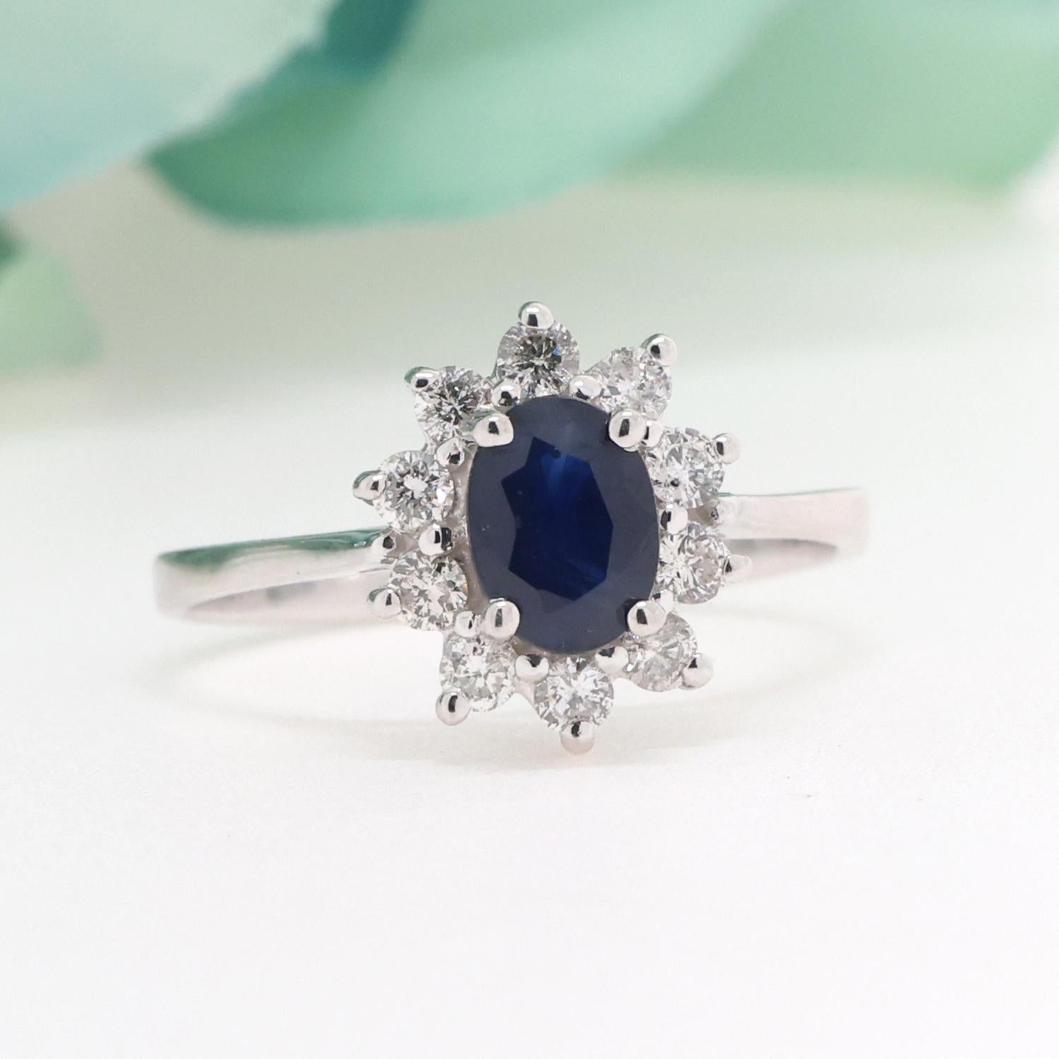 Effy BH Sapphire Diamond Halo Ring Floral 14K White Gold 1.50 CTW Size 7