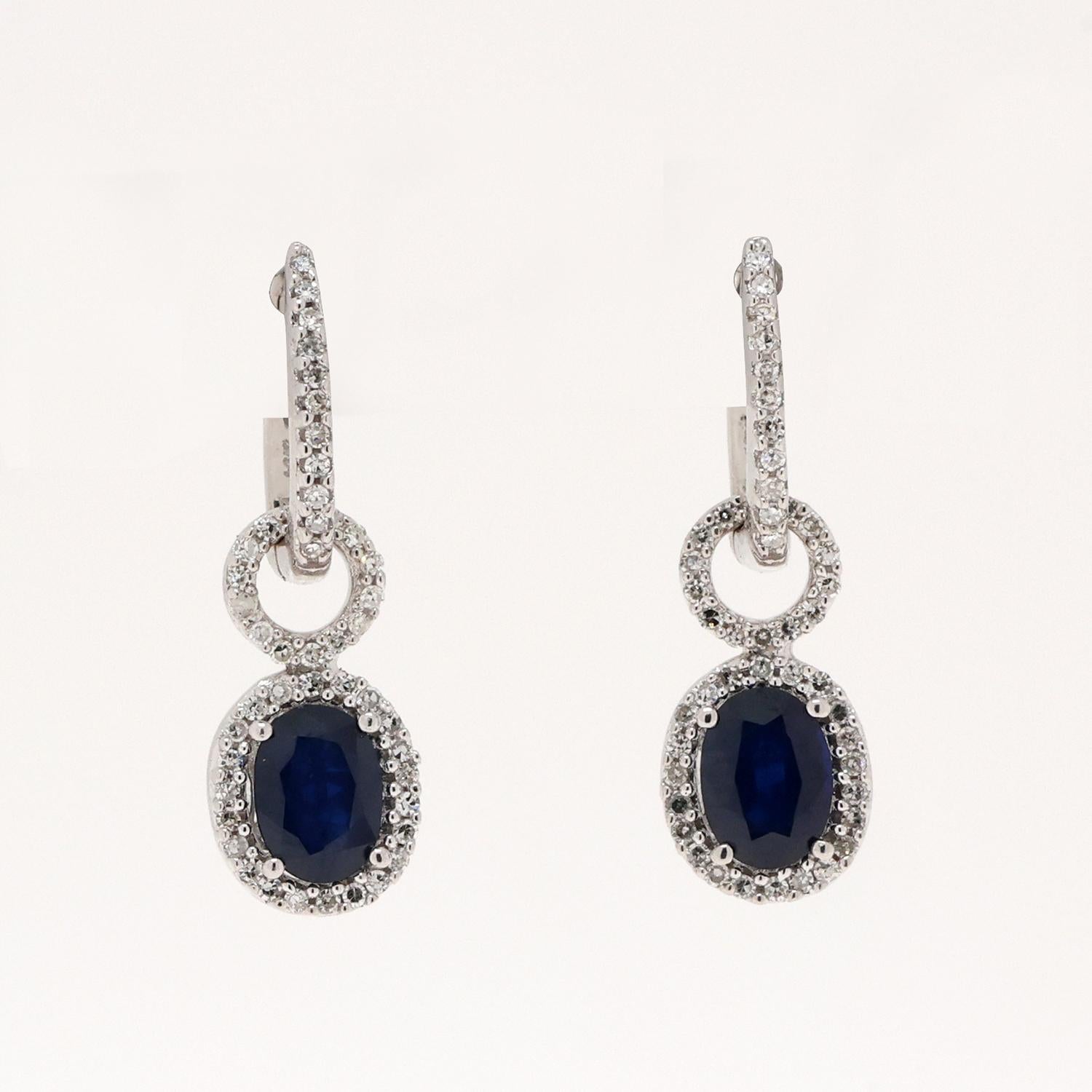 EFFY BH Blue Sapphire Diamond Halo Drop Earrings 14K White Gold 3.30 CTW 0.90"