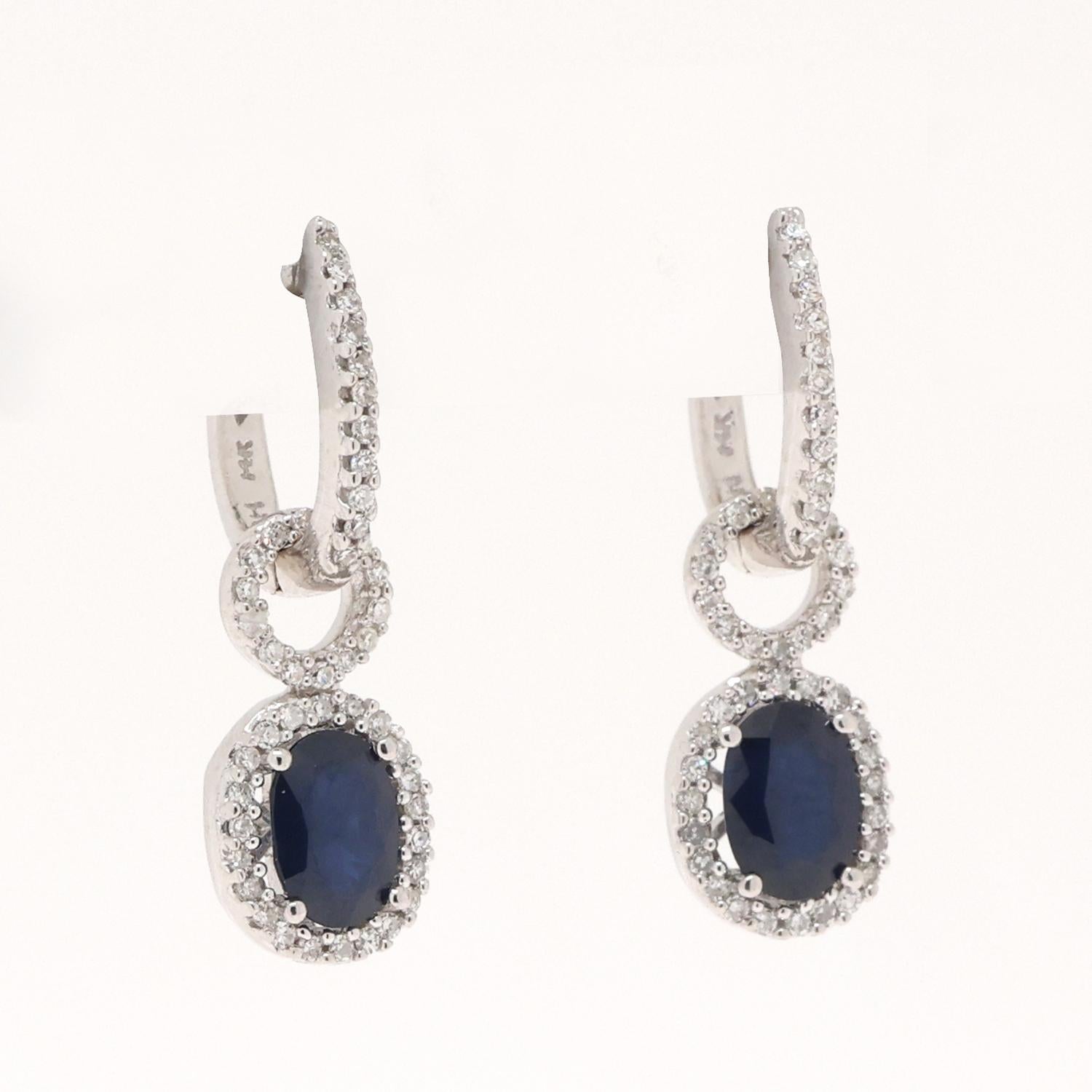 EFFY BH Blue Sapphire Diamond Halo Drop Earrings 14K White Gold 3.30 CTW 0.90"