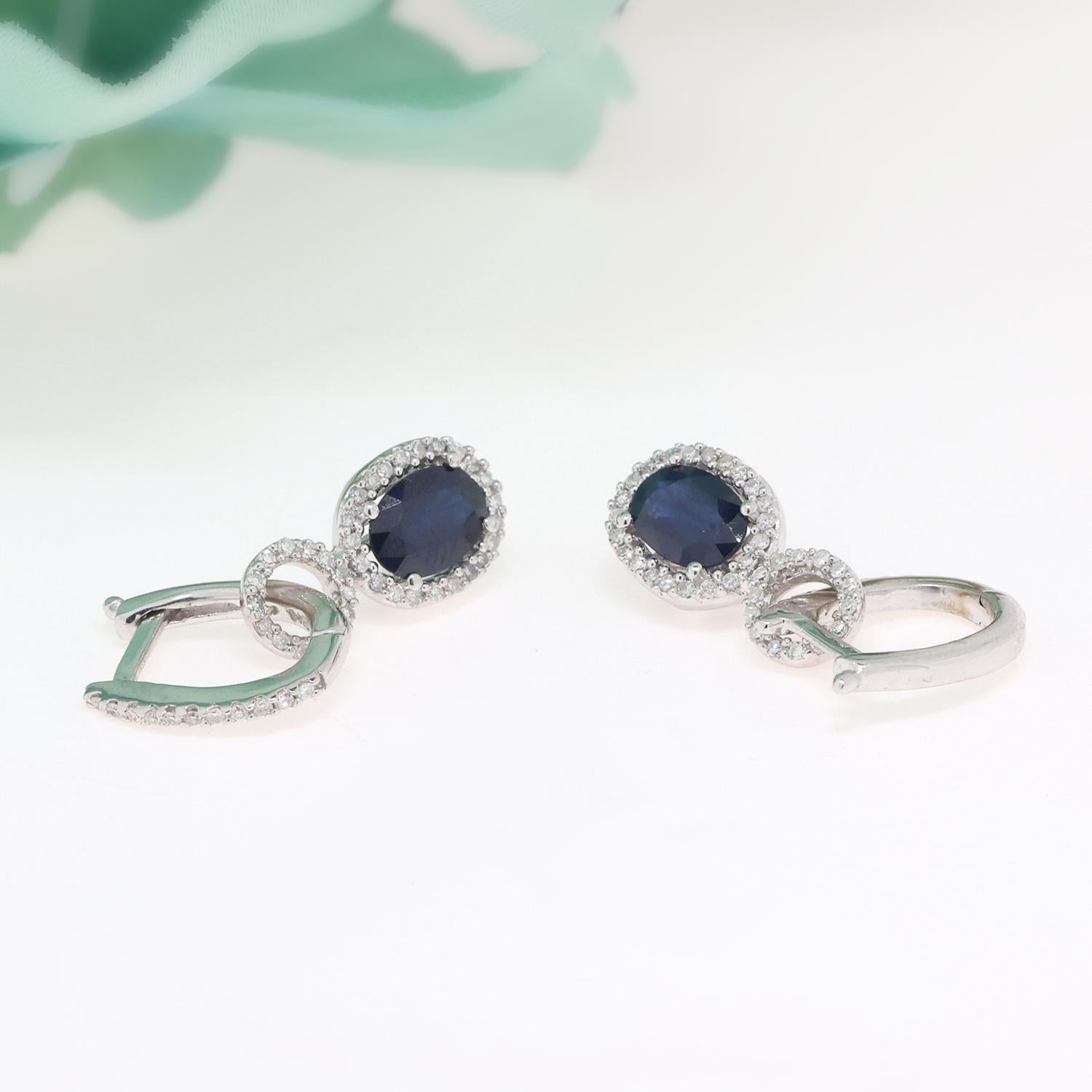 EFFY BH Blue Sapphire Diamond Halo Drop Earrings 14K White Gold 3.30 CTW 0.90"