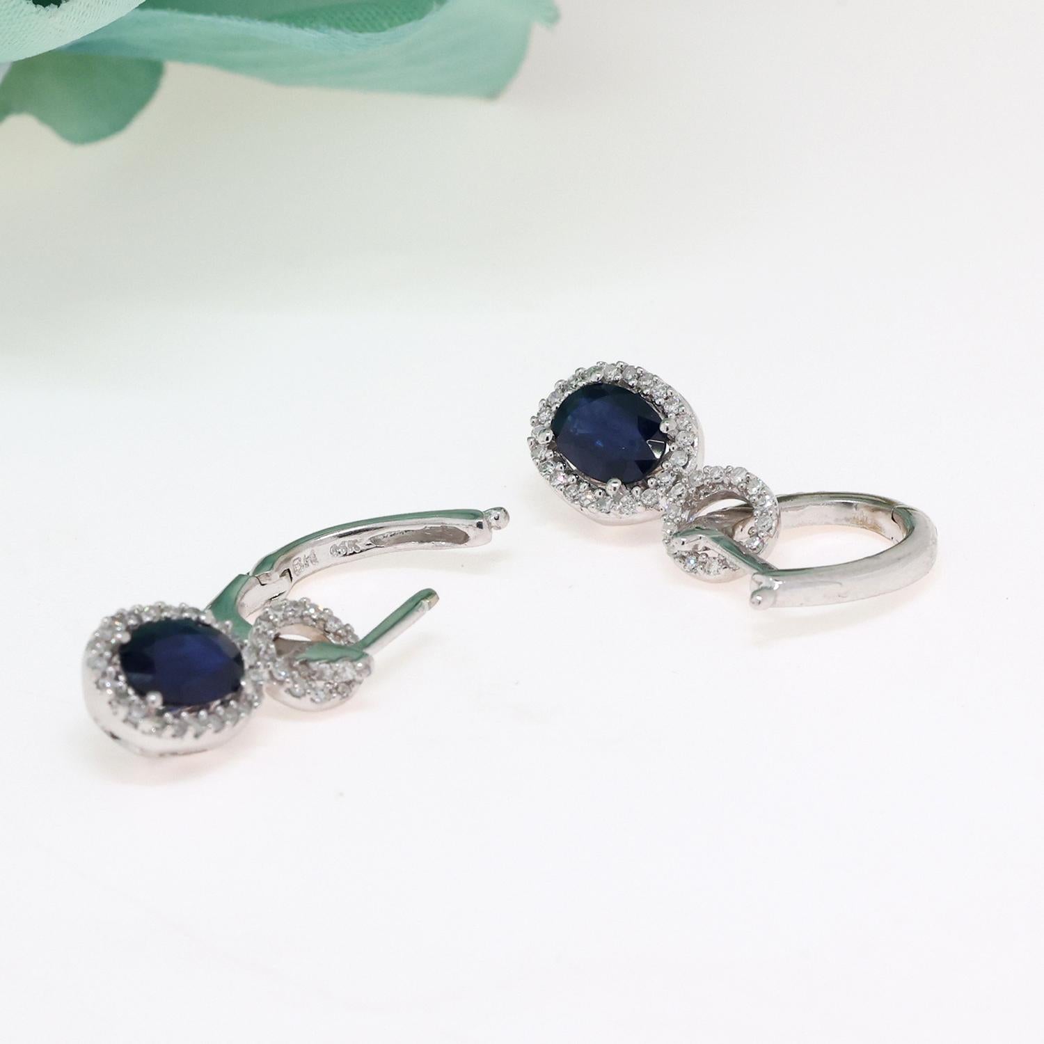 EFFY BH Blue Sapphire Diamond Halo Drop Earrings 14K White Gold 3.30 CTW 0.90"