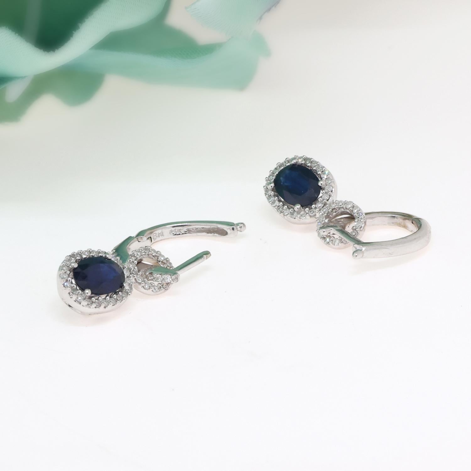 EFFY BH Blue Sapphire Diamond Halo Drop Earrings 14K White Gold 3.30 CTW 0.90"