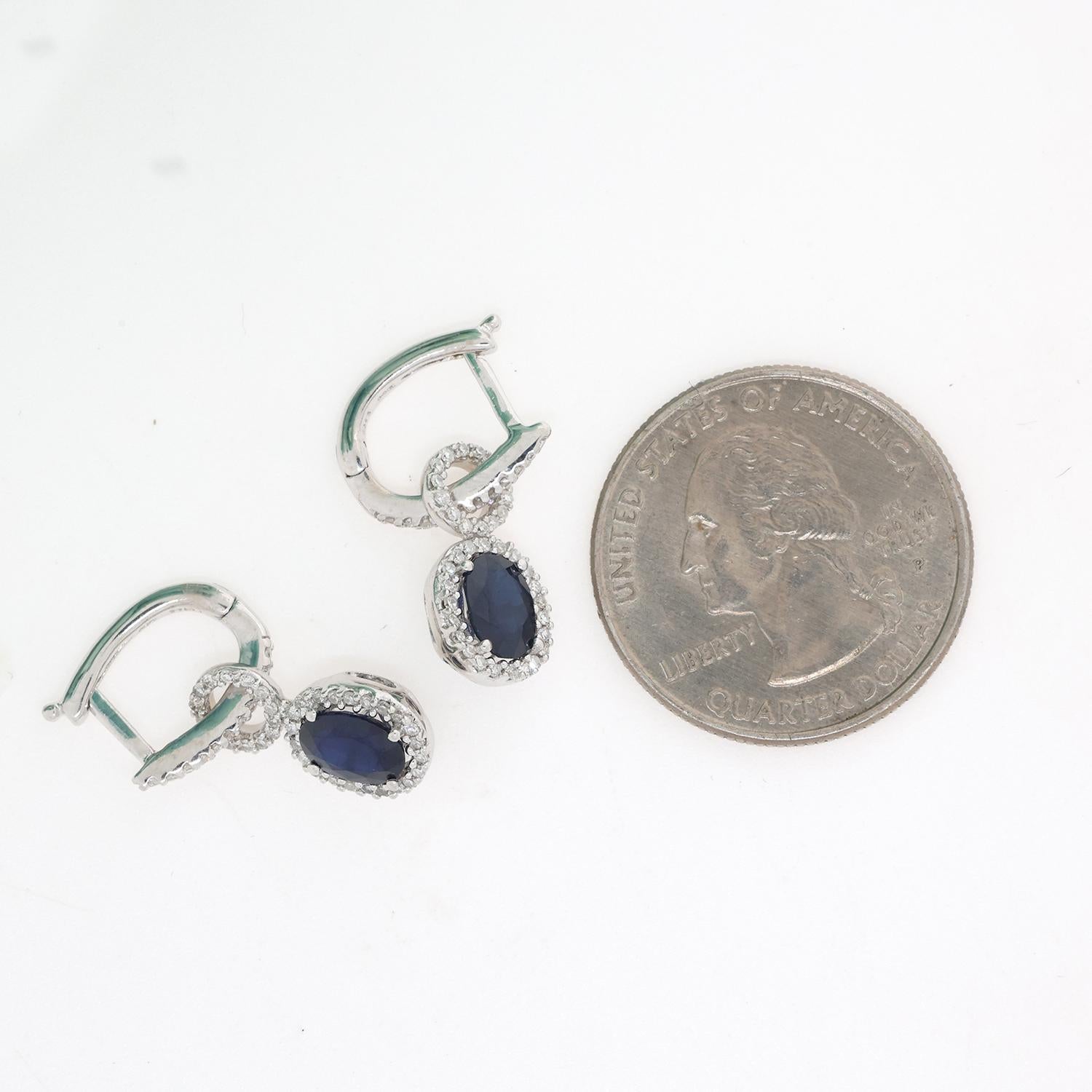 EFFY BH Blue Sapphire Diamond Halo Drop Earrings 14K White Gold 3.30 CTW 0.90"