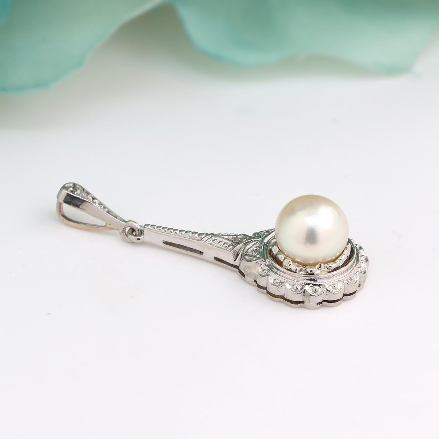 Vintage Pearl Diamond Pendant 14K White Gold 1.18" Ladies Estate