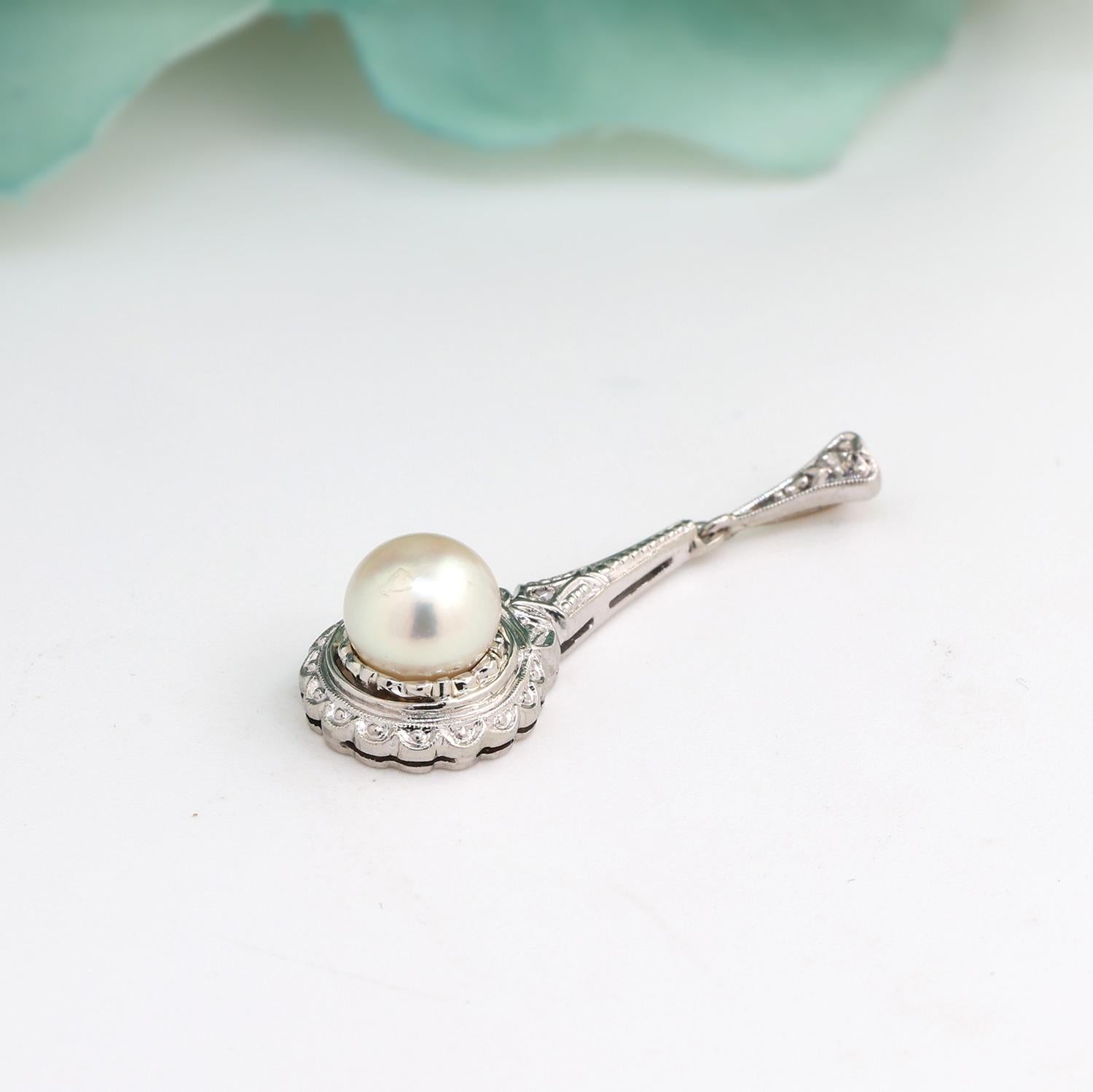 Vintage Pearl Diamond Pendant 14K White Gold 1.18" Ladies Estate