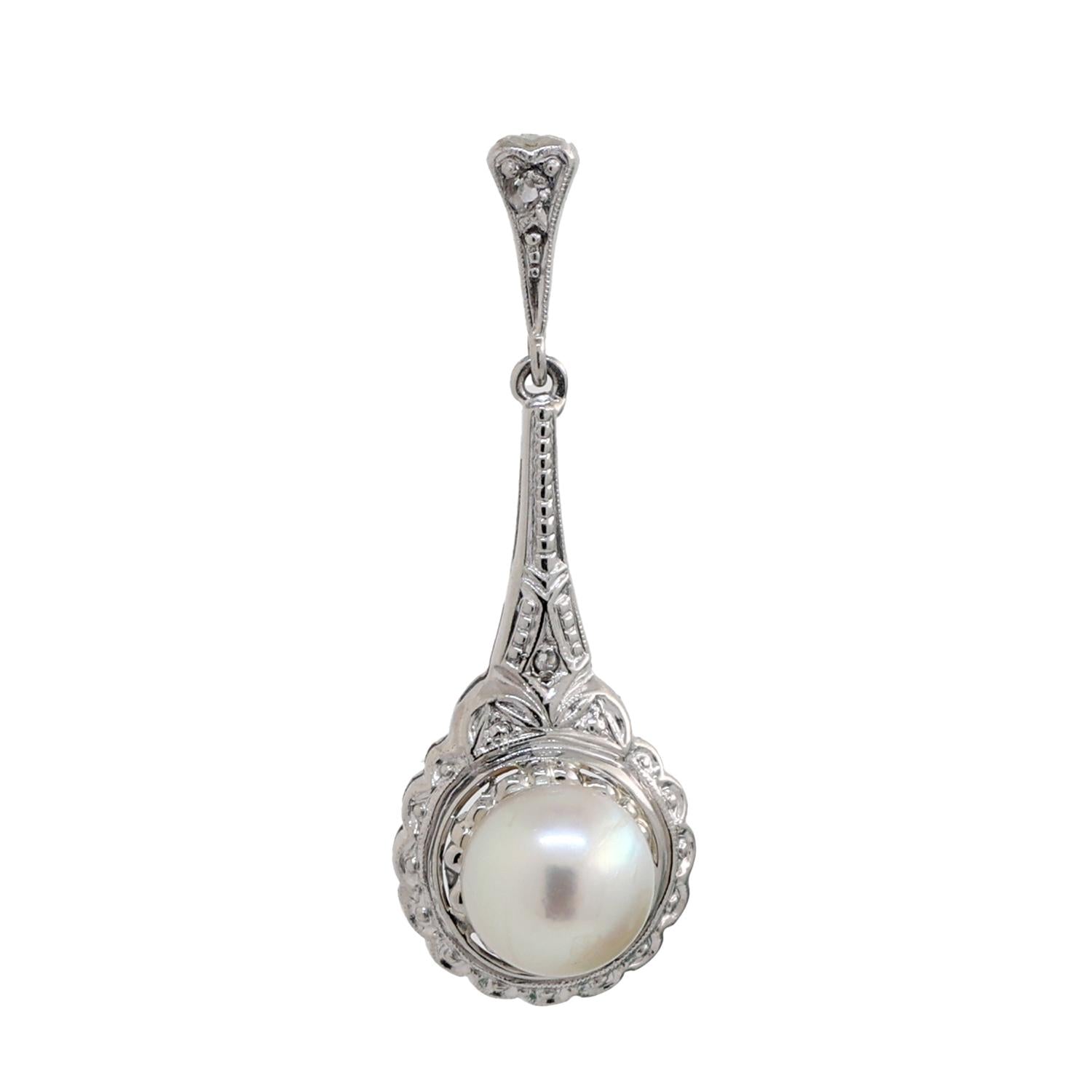 Vintage Pearl Diamond Pendant 14K White Gold 1.18" Ladies Estate