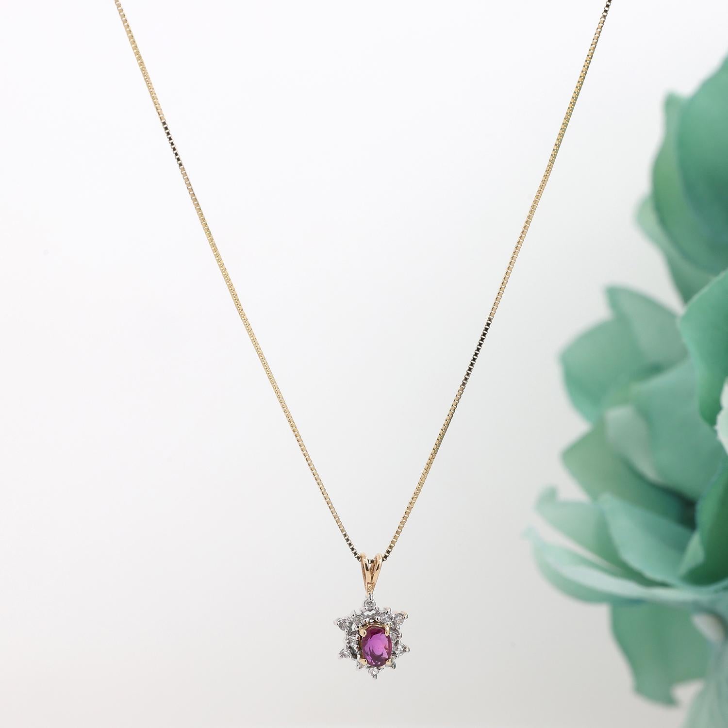 Pink Topaz Halo Diamond Floral Pendant Box Chain Necklace 14K Gold 18.25" Ladies