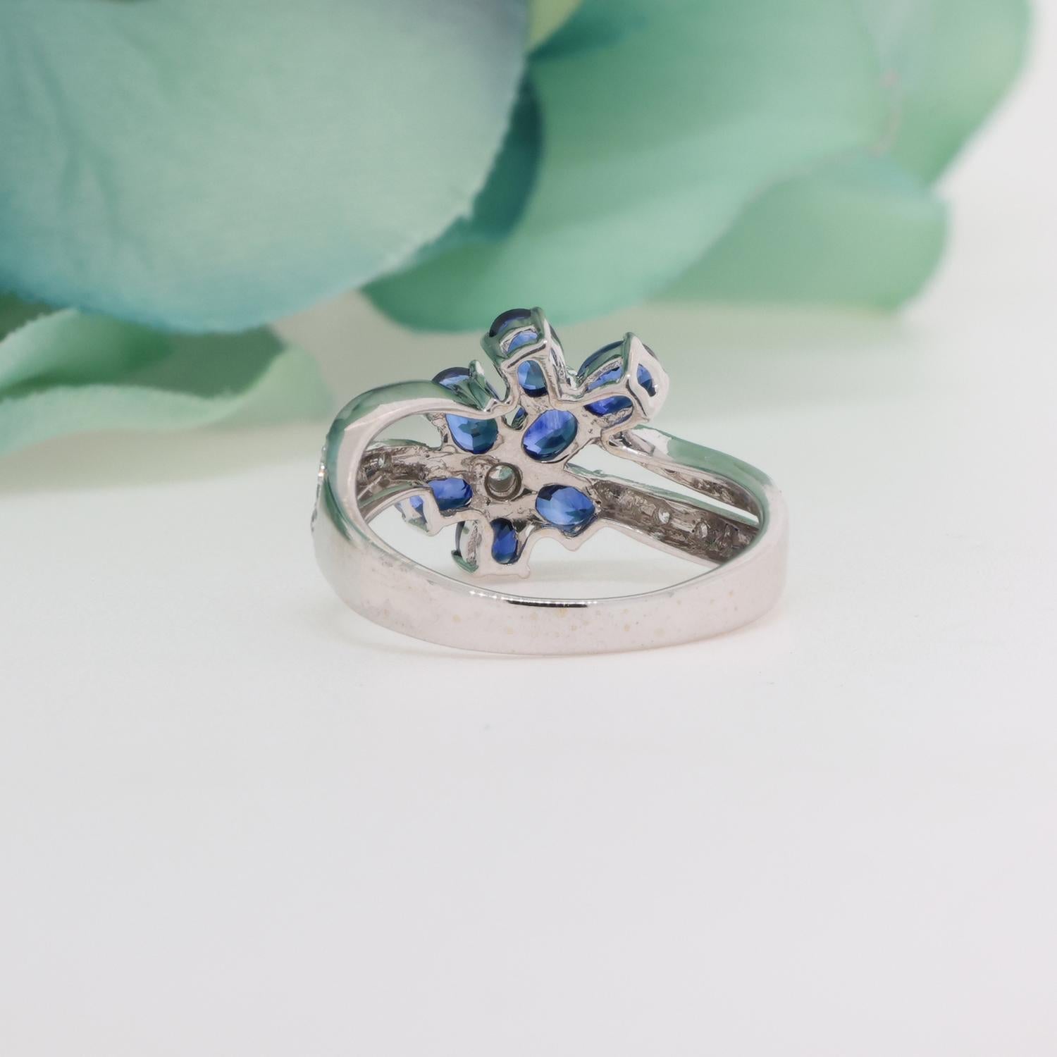 Blue Sapphire Diamond Floral Cocktail Ring 18K White Gold 2.05 TW Size 7.25