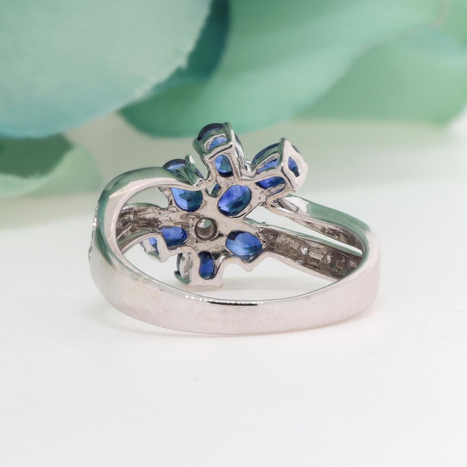 Blue Sapphire Diamond Floral Cocktail Ring 18K White Gold 2.05 TW Size 7.25