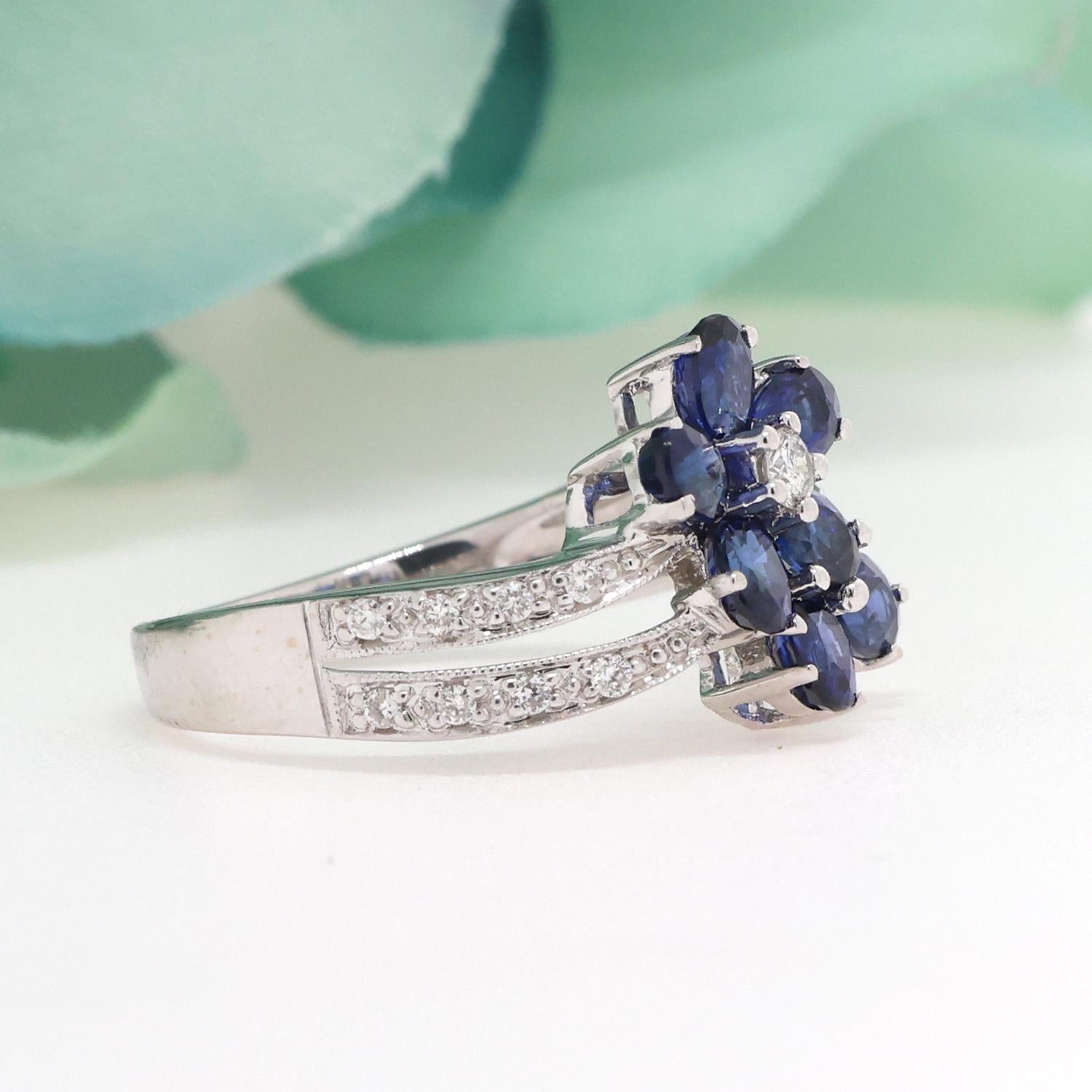 Blue Sapphire Diamond Floral Cocktail Ring 18K White Gold 2.05 TW Size 7.25