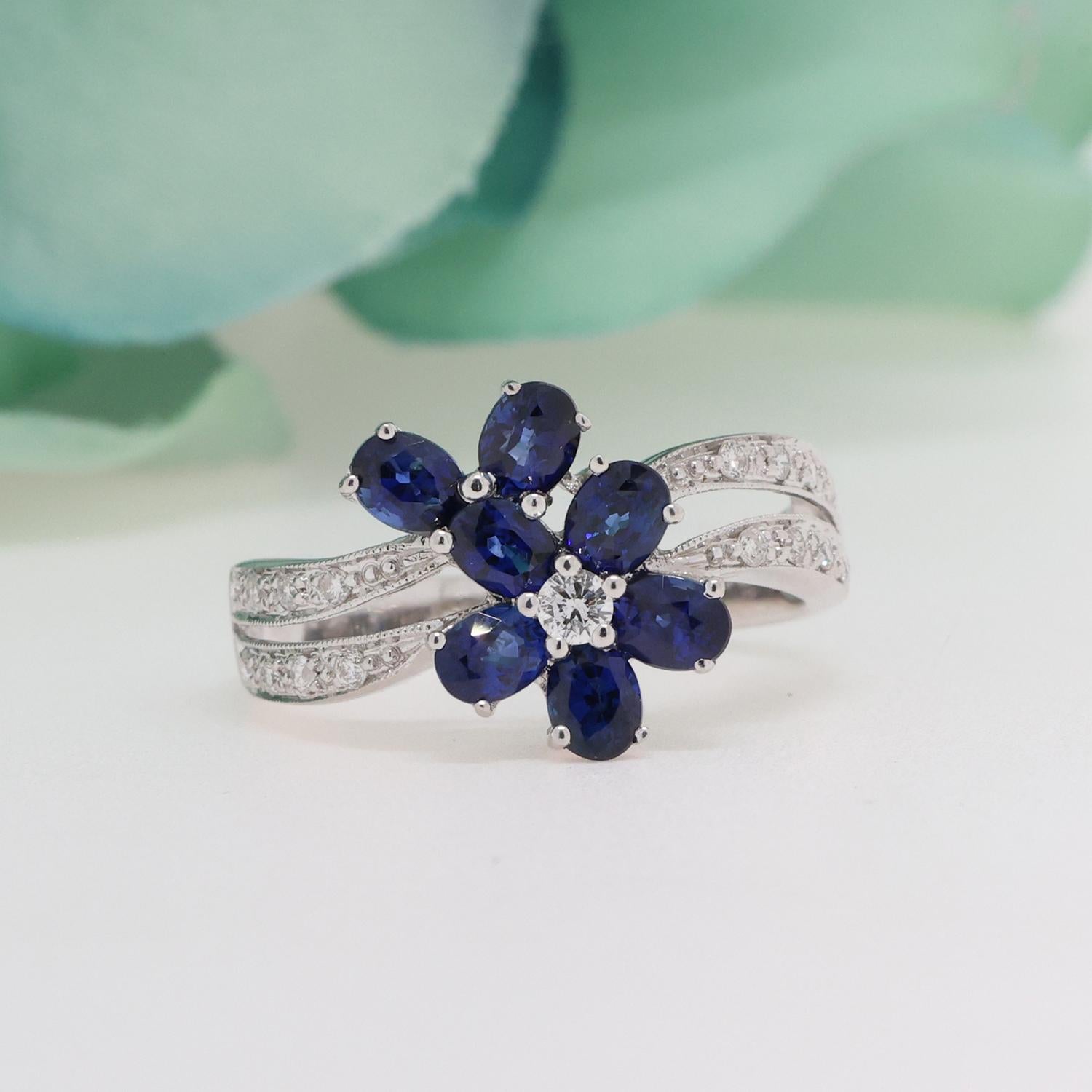 Blue Sapphire Diamond Floral Cocktail Ring 18K White Gold 2.05 TW Size 7.25