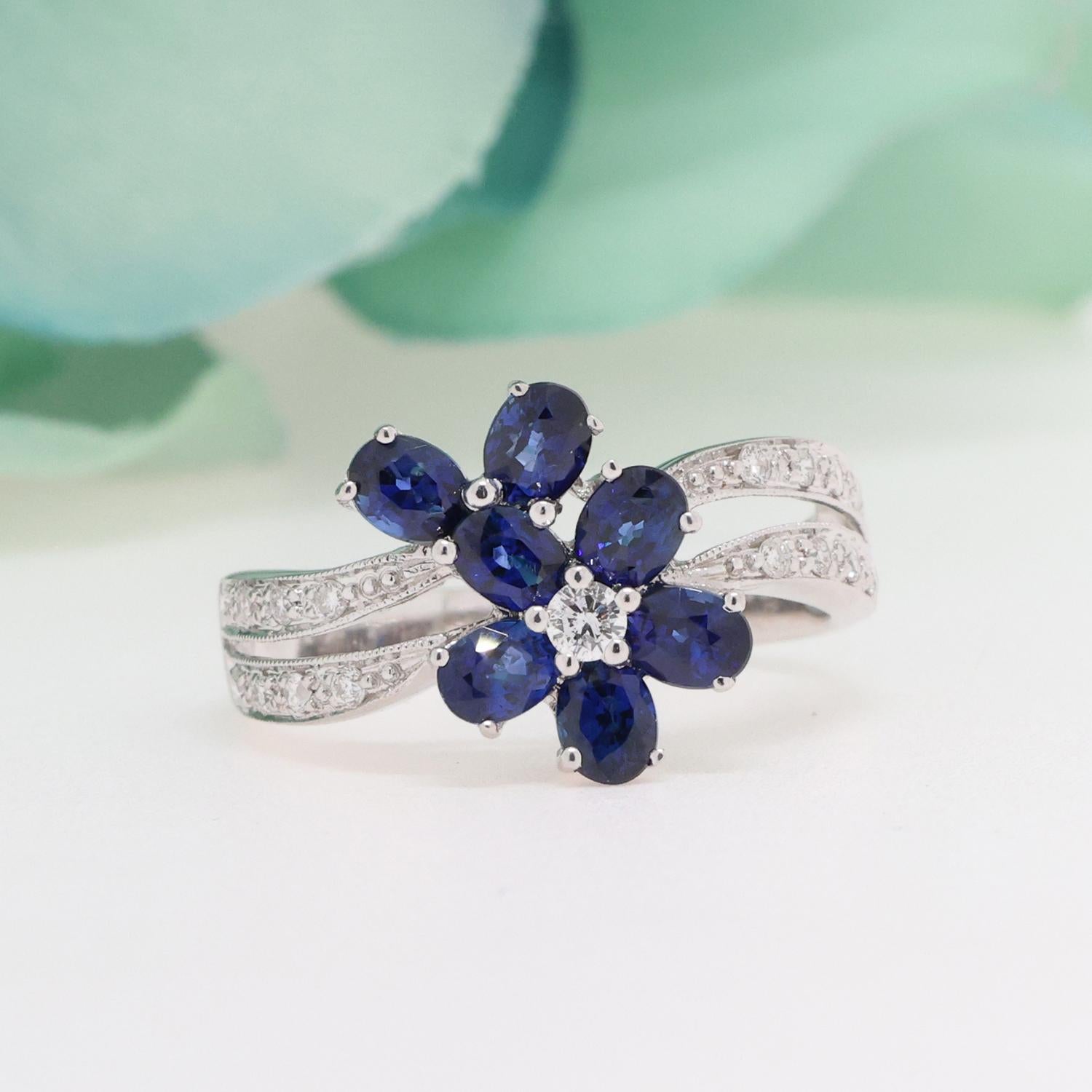 Blue Sapphire Diamond Floral Cocktail Ring 18K White Gold 2.05 TW Size 7.25