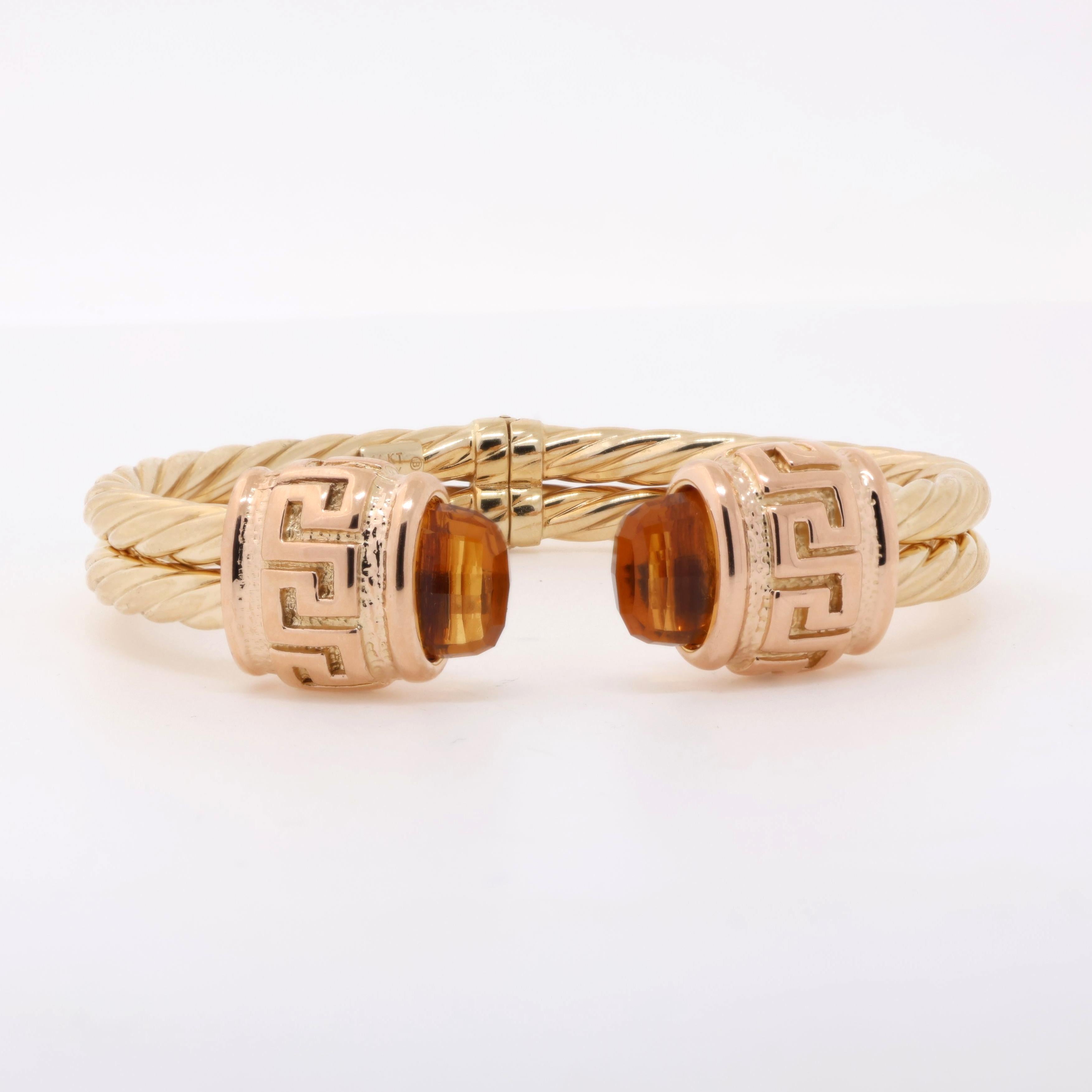 Twisted Cable Greek Key Bangle Bracelet 14K Yellow Gold Citrine Gemstones 7"