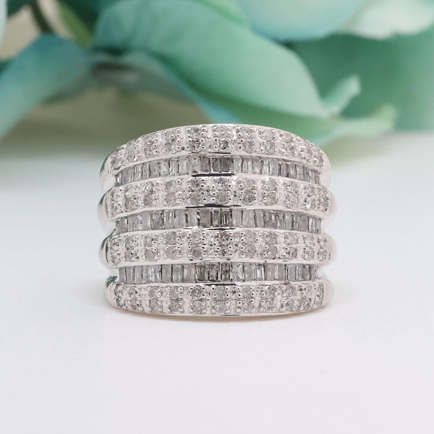 7 Row Diamond Wide Band Ring 14K White Gold 2.25 TW Round Baguettes Size 6