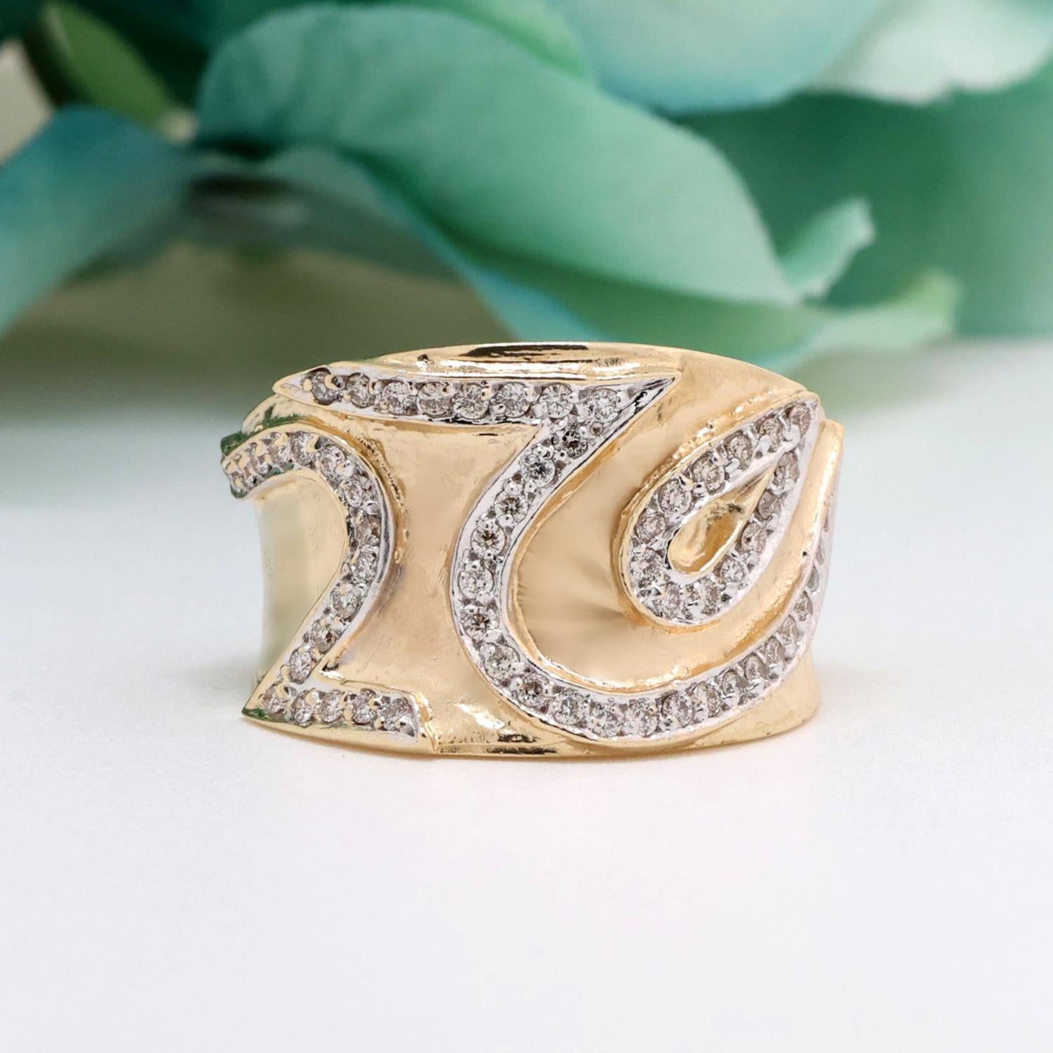 0.70 TW Diamond Wide Band Ring 14K Brushed Gold Swirl Design Size 6.25