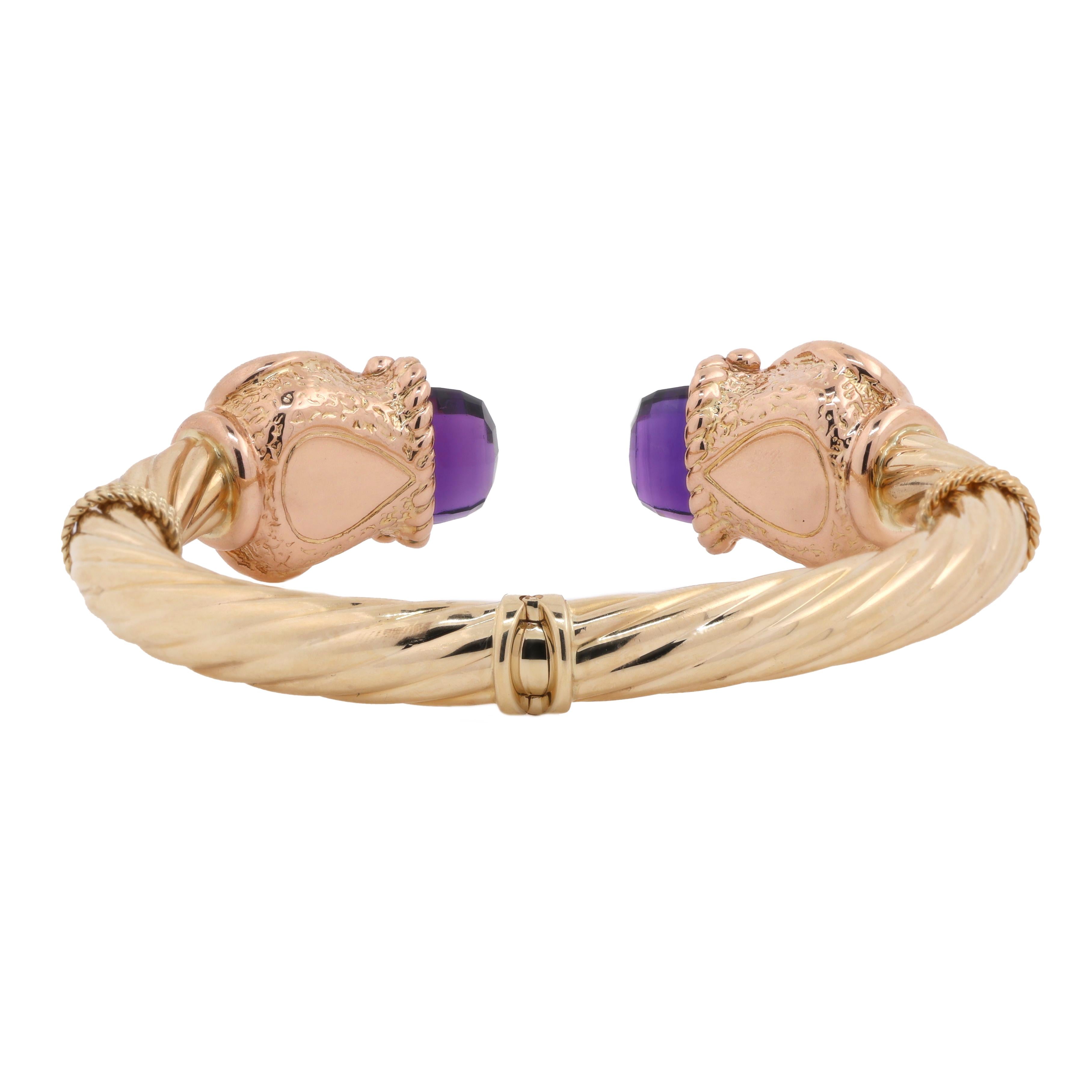 14K Yellow Gold Twisted Cable Amethyst Bangle Bracelet 6.75" Ladies Estate