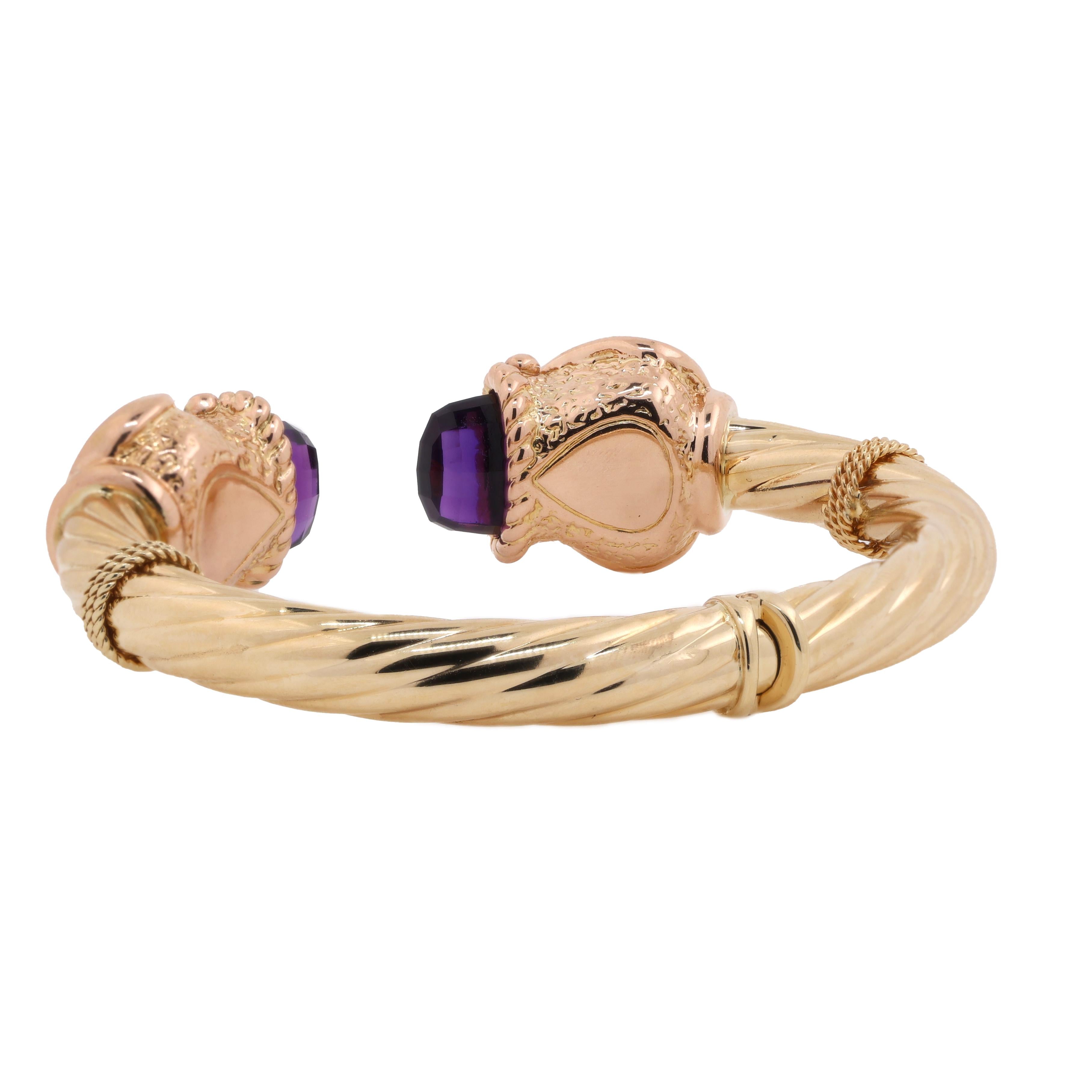 14K Yellow Gold Twisted Cable Amethyst Bangle Bracelet 6.75" Ladies Estate