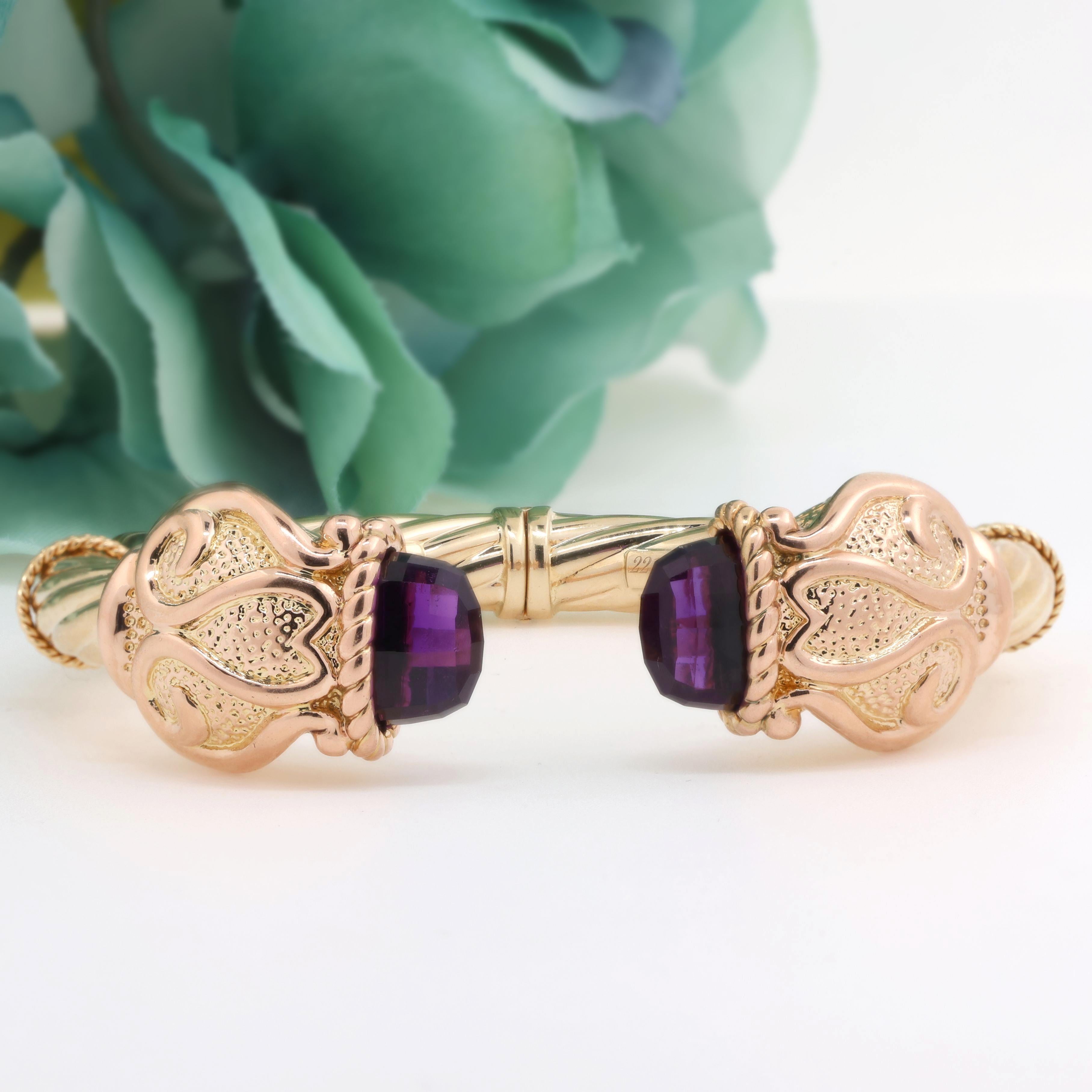 14K Yellow Gold Twisted Cable Amethyst Bangle Bracelet 6.75" Ladies Estate