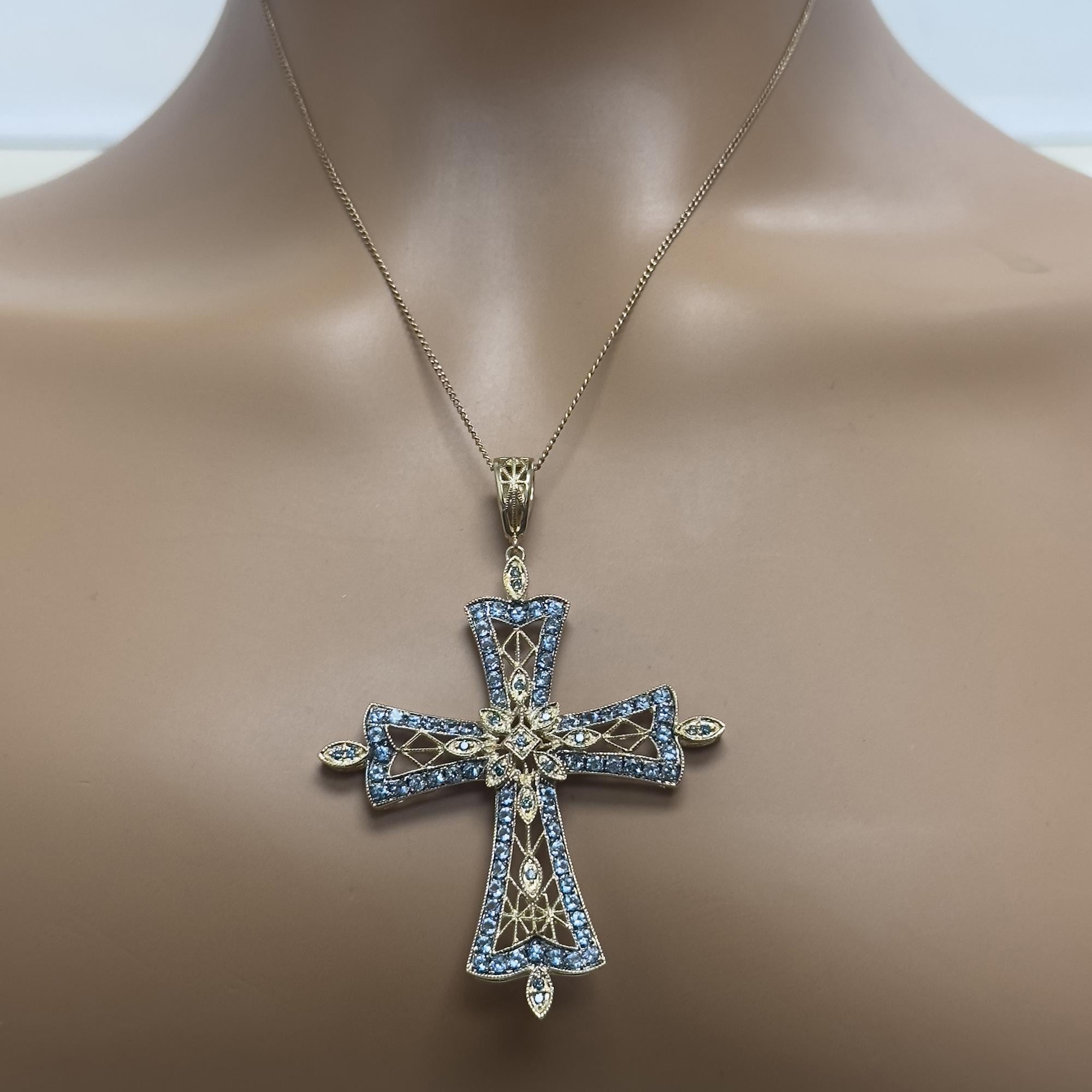 Religious Blue Topaz Blue Diamond Filigree Cross Pendant 14K Yellow Gold 2.95"