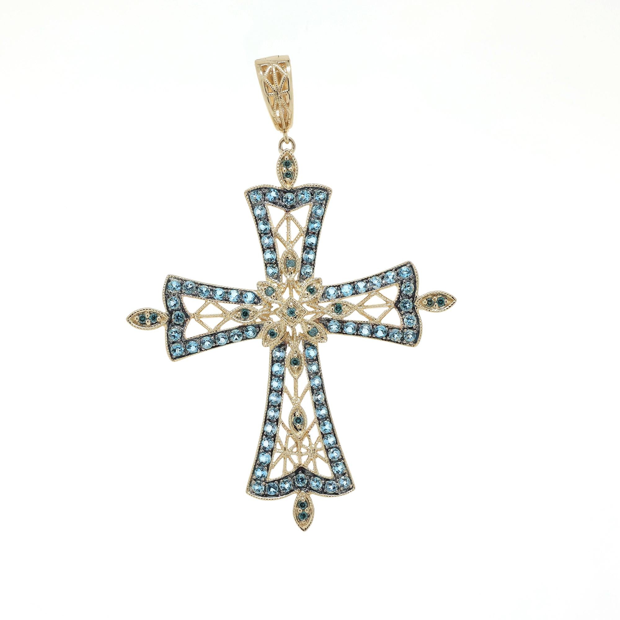 Religious Blue Topaz Blue Diamond Filigree Cross Pendant 14K Yellow Gold 2.95"