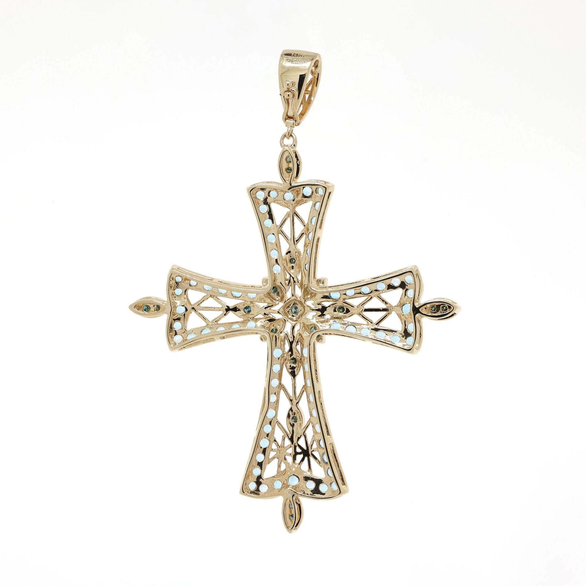 Religious Blue Topaz Blue Diamond Filigree Cross Pendant 14K Yellow Gold 2.95"