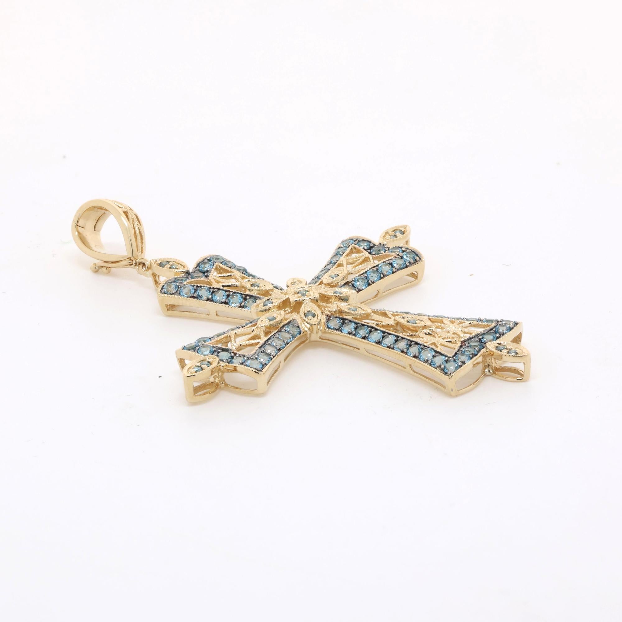 Religious Blue Topaz Blue Diamond Filigree Cross Pendant 14K Yellow Gold 2.95"