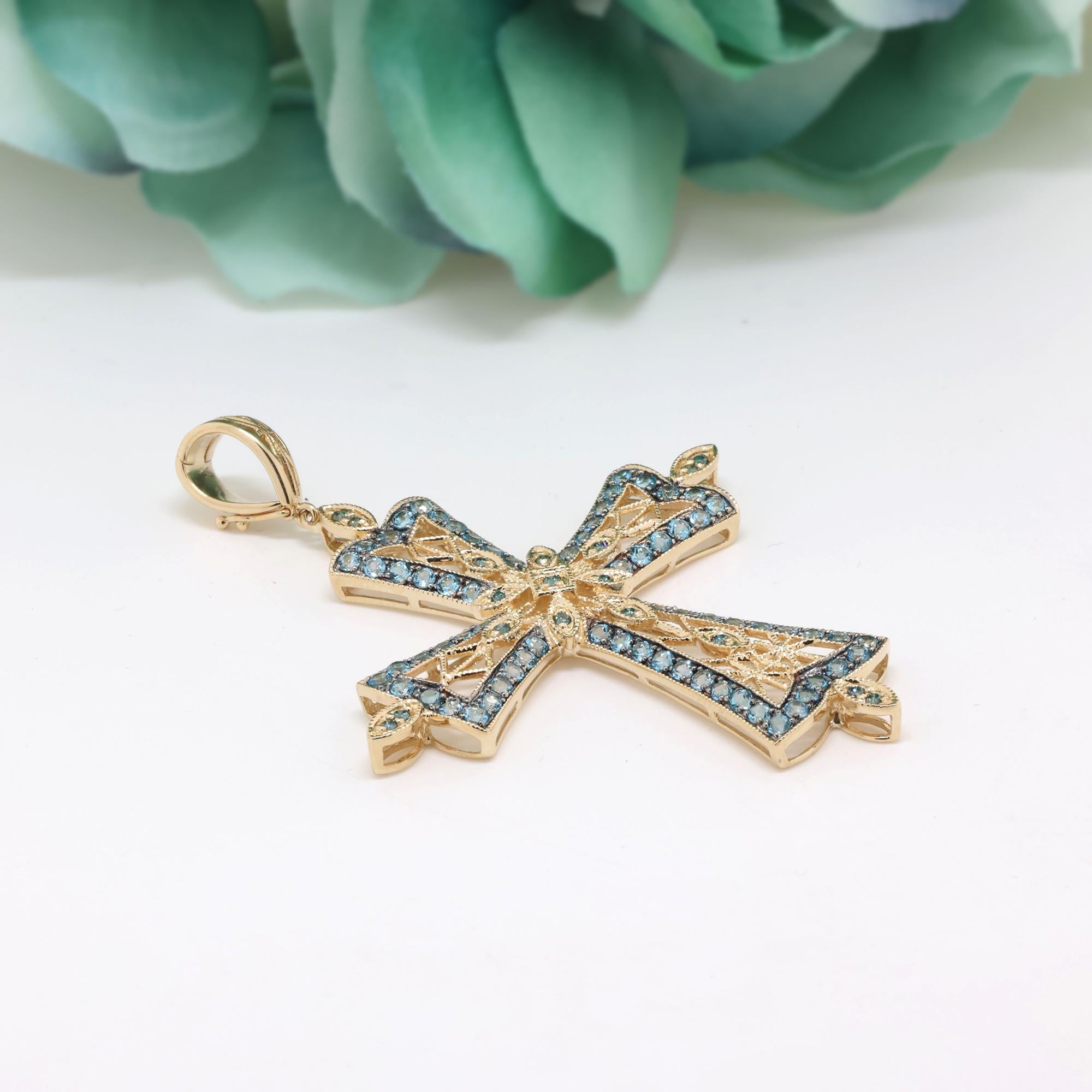 Religious Blue Topaz Blue Diamond Filigree Cross Pendant 14K Yellow Gold 2.95"