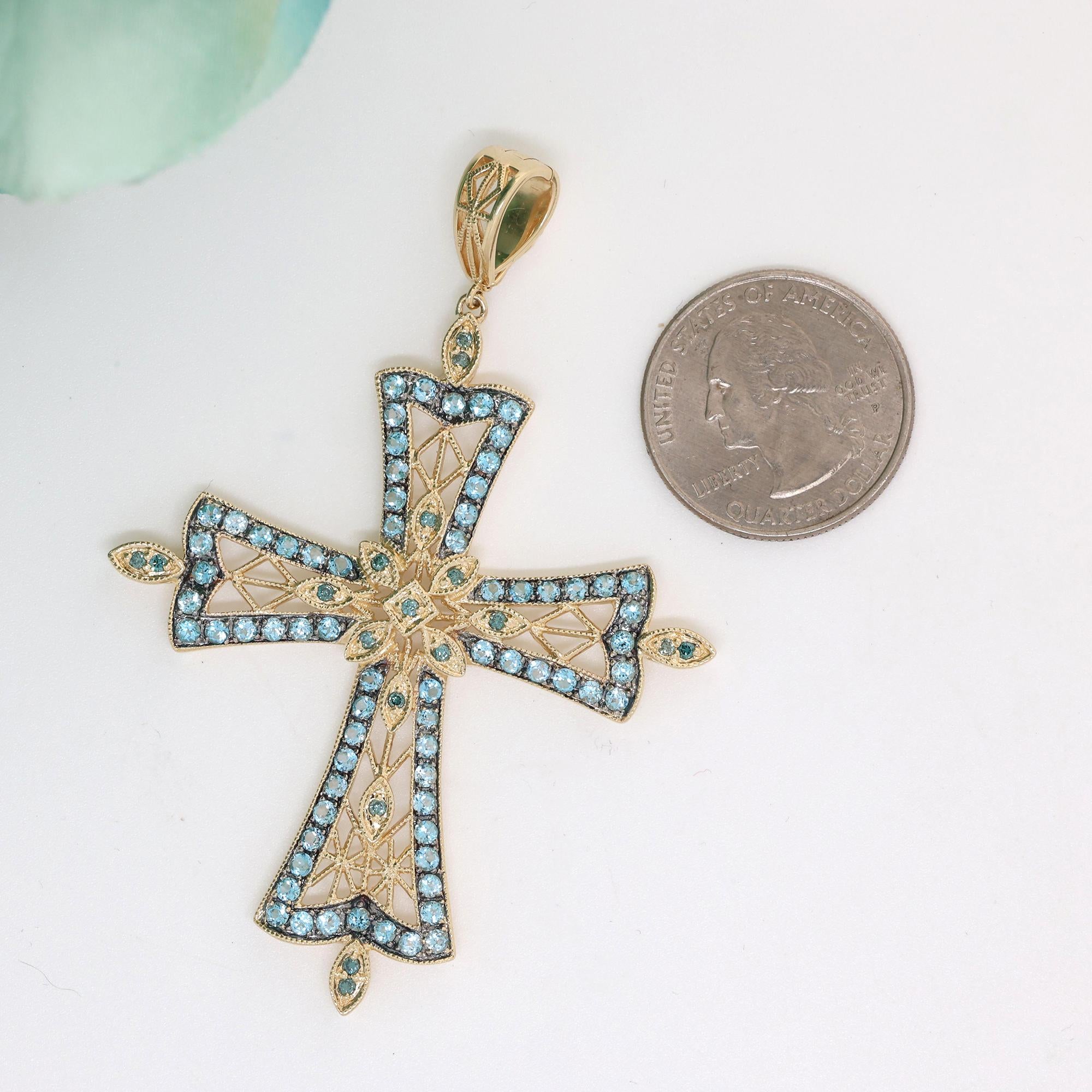 Religious Blue Topaz Blue Diamond Filigree Cross Pendant 14K Yellow Gold 2.95"