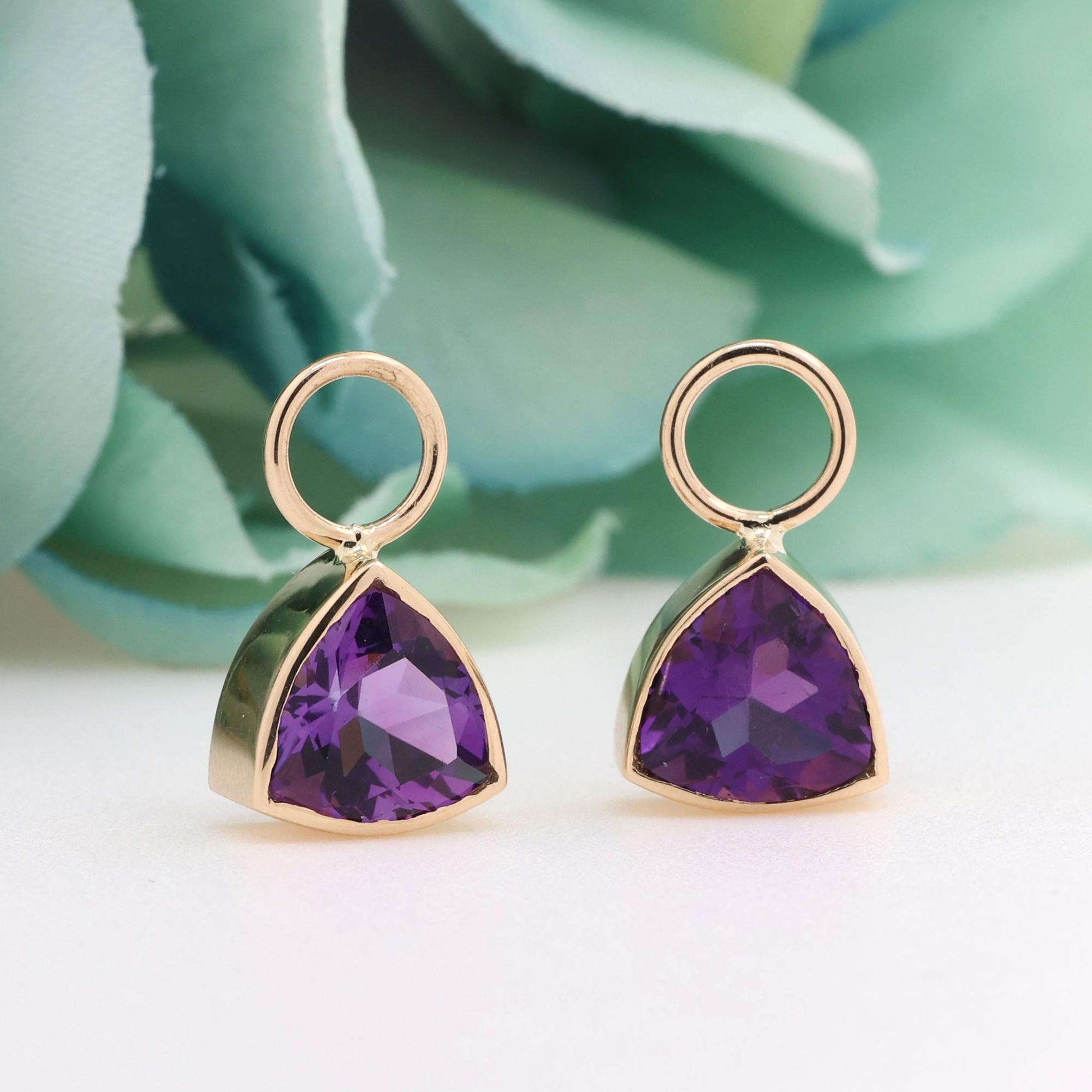 Triangular Amethyst Hoop Earring Attachments 14K Yellow Gold 3.60 CTW 0.70"