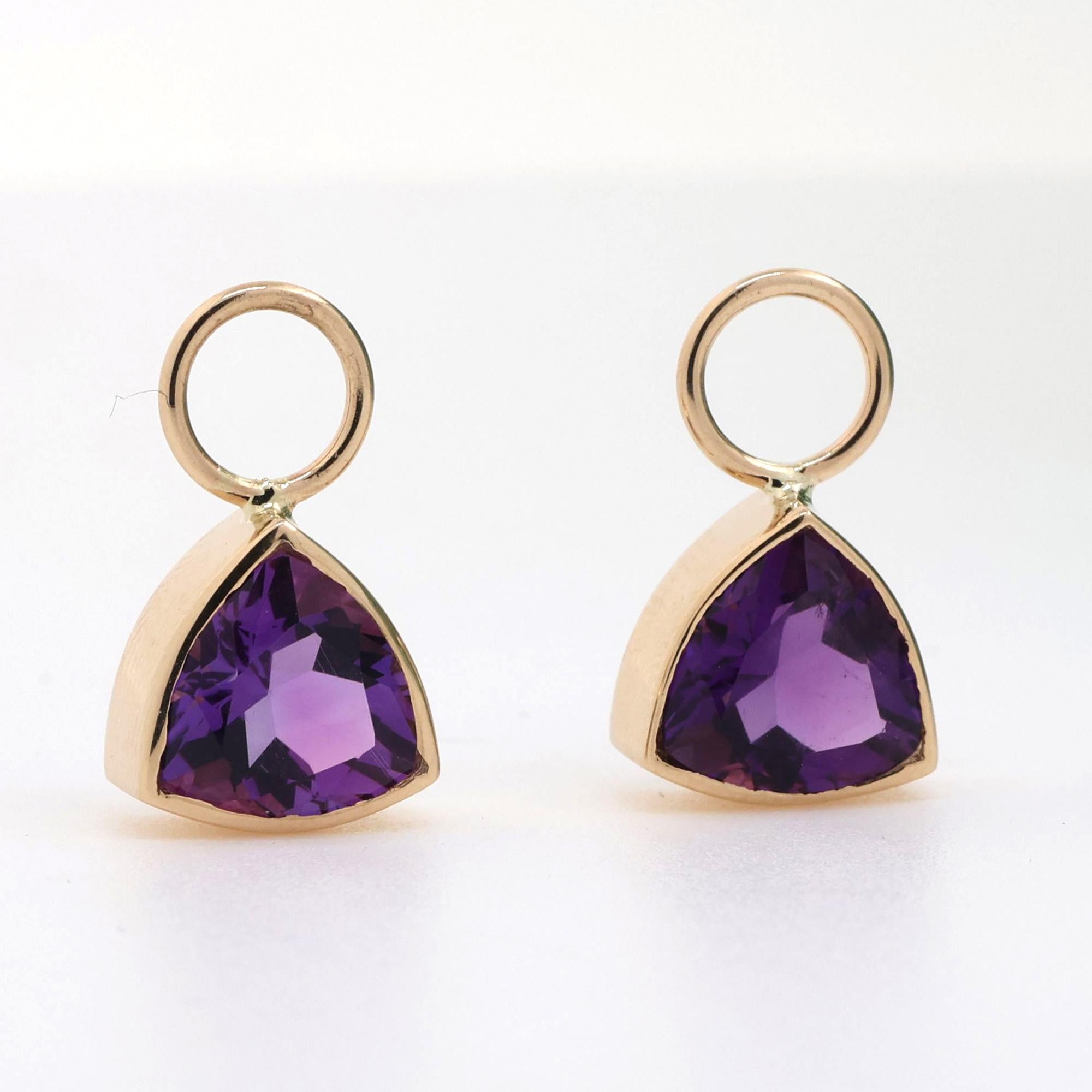 Triangular Amethyst Hoop Earring Attachments 14K Yellow Gold 3.60 CTW 0.70"