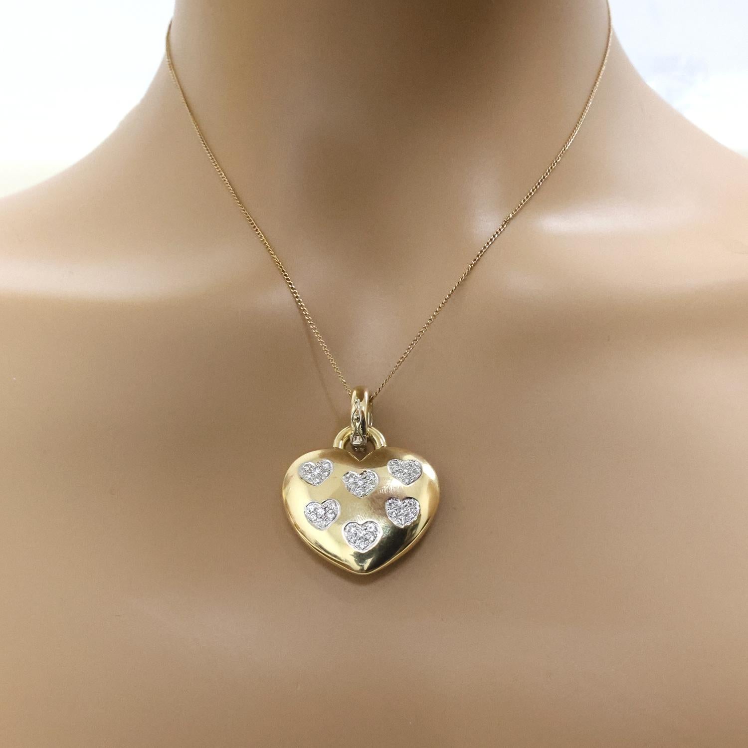 Cluster Diamond Puffed Heart Pendant 18K Gold 1.25 TW 1.60" Ladies Estate