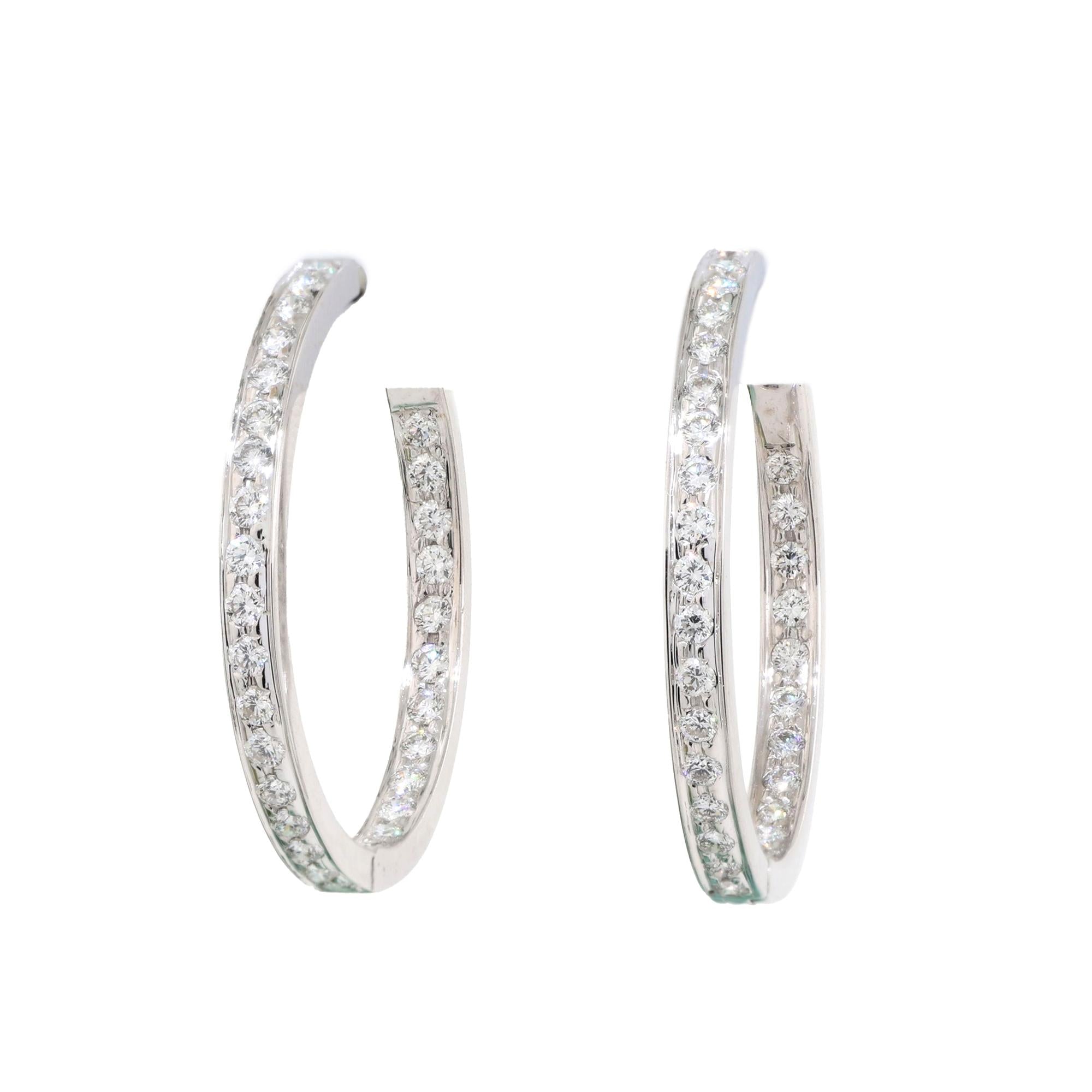 Inside Out Diamond Round Hoop Earrings 18K White Gold 1.75 TW 1.18" Estate