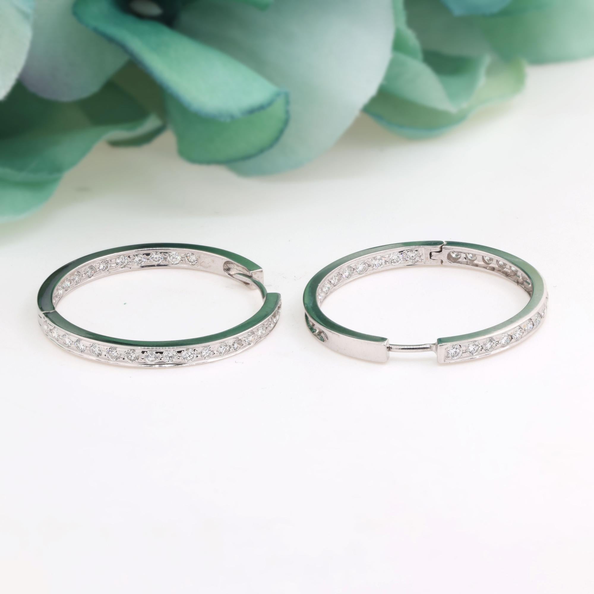 Inside Out Diamond Round Hoop Earrings 18K White Gold 1.75 TW 1.18" Estate