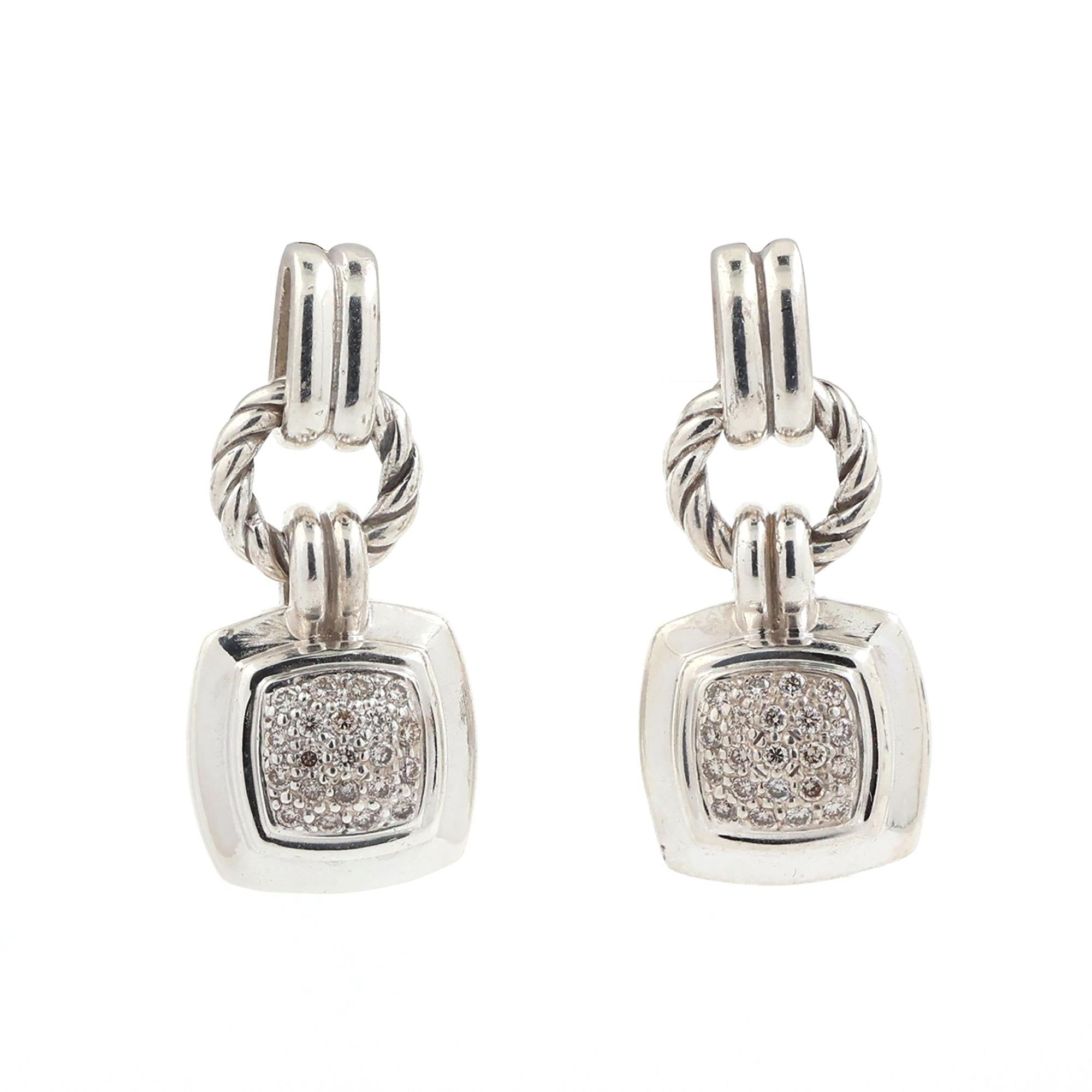 David Yurman Dangle Albion Pave Diamond Earrings 0.28 TW Sterling Silver 0.95"