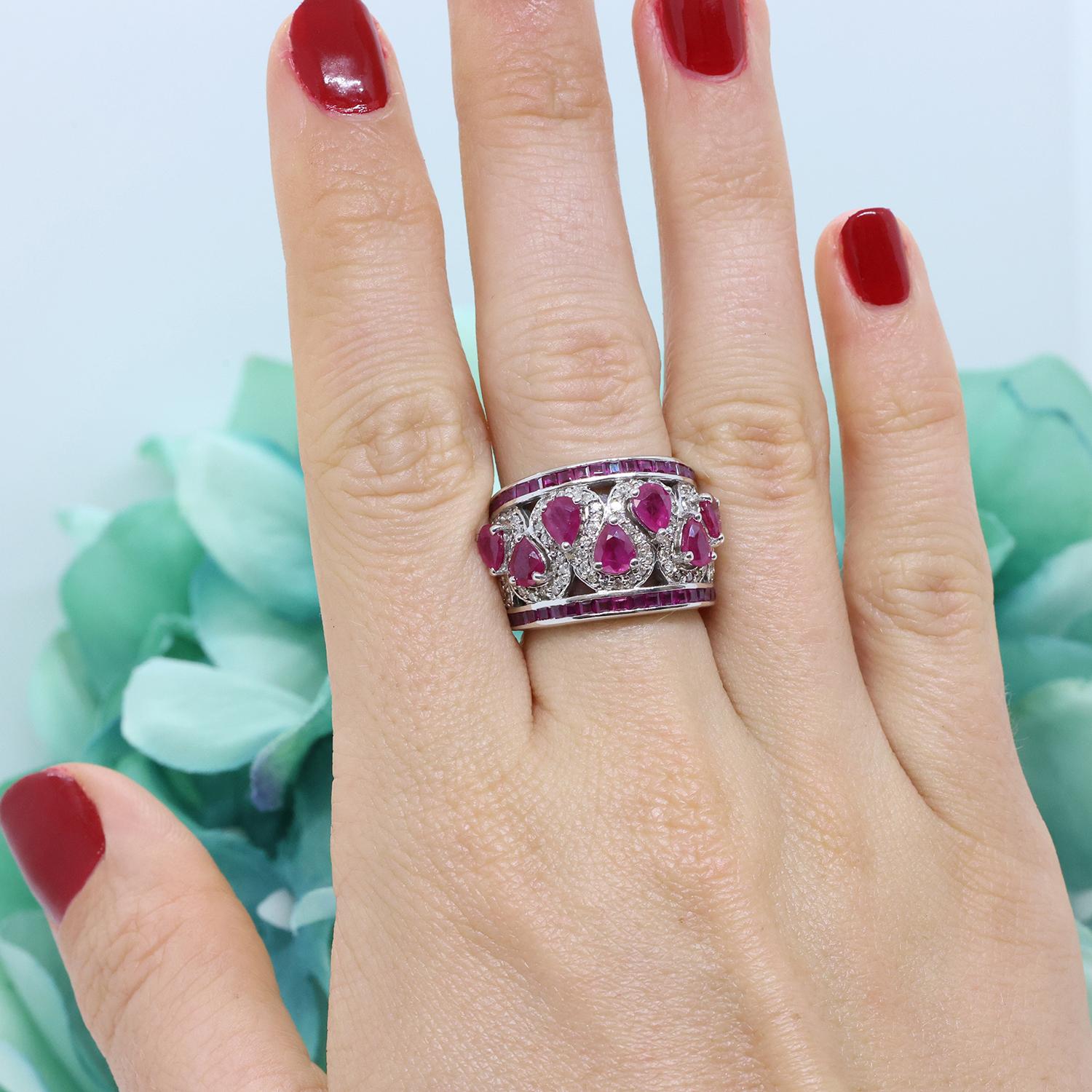 Ruby Diamond Wide Band Ring 18K White Gold 3.67 CTW Swirl Size 6 Ladies Estate