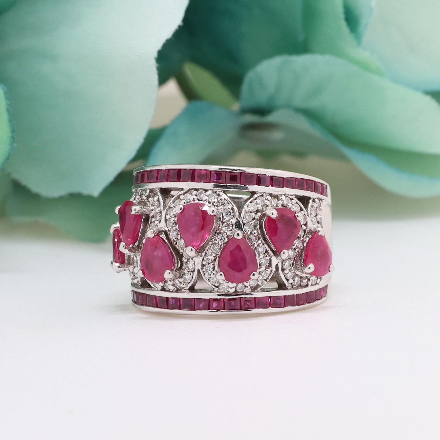 Ruby Diamond Wide Band Ring 18K White Gold 3.67 CTW Swirl Size 6 Ladies Estate