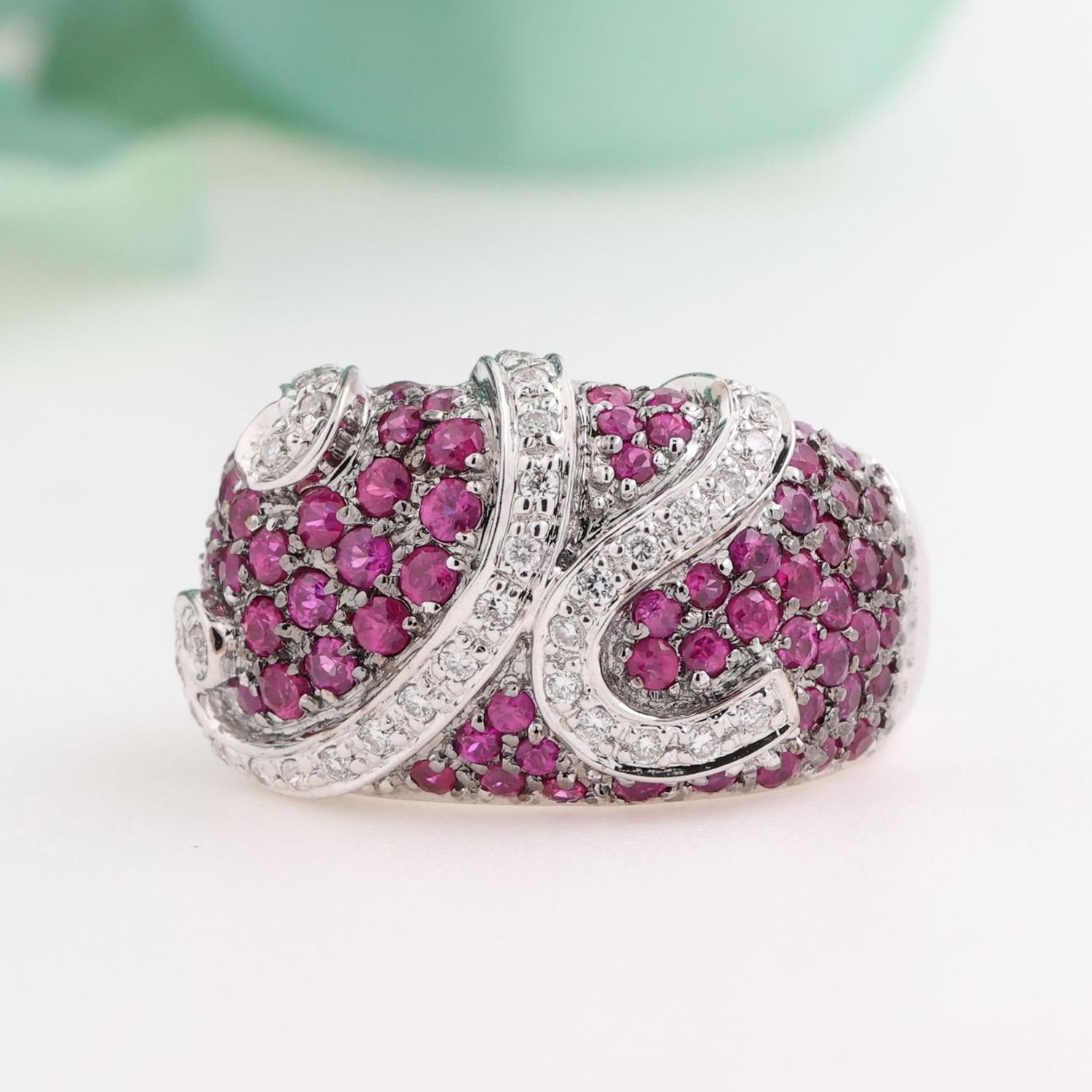 3.50 CTW Cluster Ruby Diamond Ring 18K White Gold Swirl Cocktail Size 6 Ladies