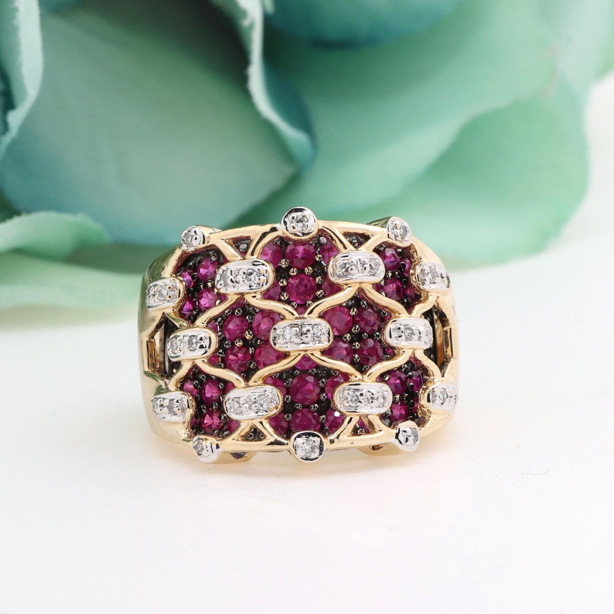 Cluster Ruby Diamond Wide Band Layered Ring 14K Gold 1.33 CTW Size 6.25 Estate