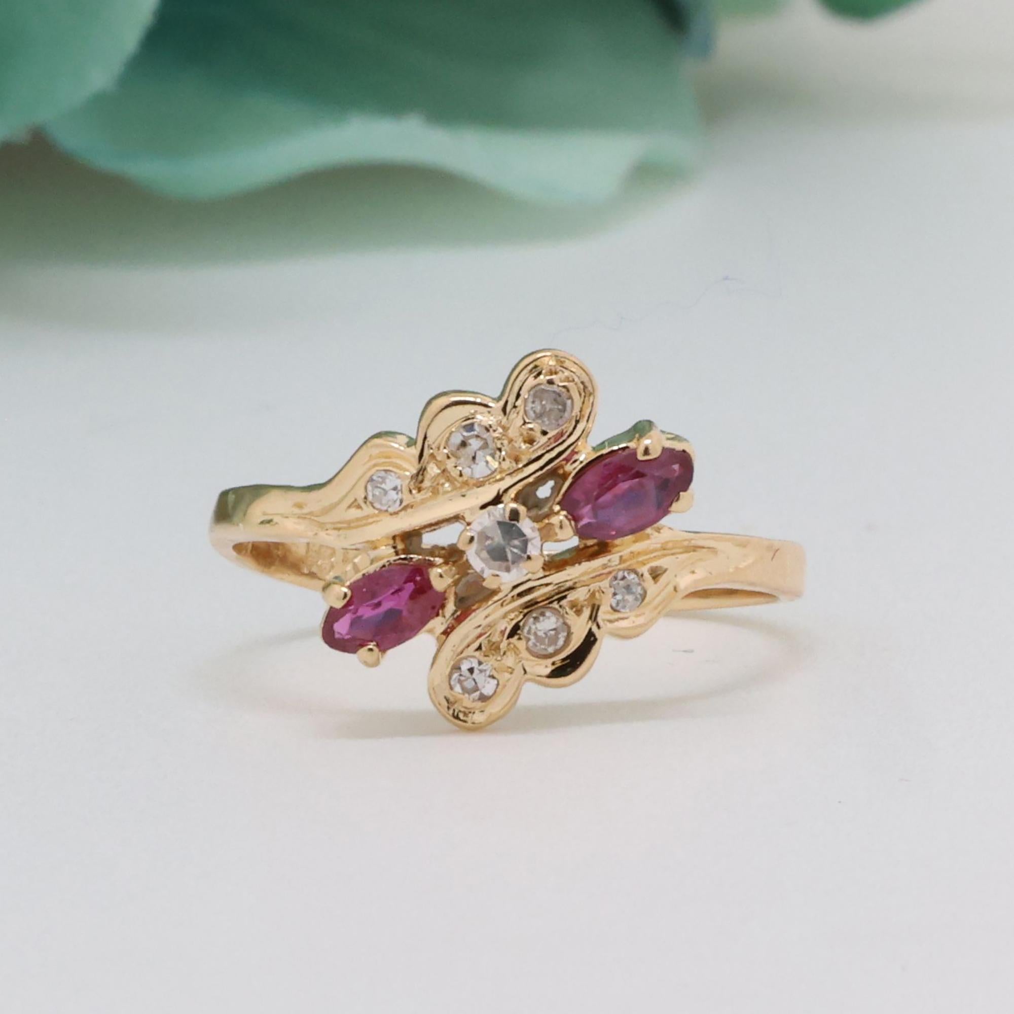 Ruby Diamond Floral Cocktail Ring 18K Yellow Gold 0.46 CTW Size 7.25 Ladies