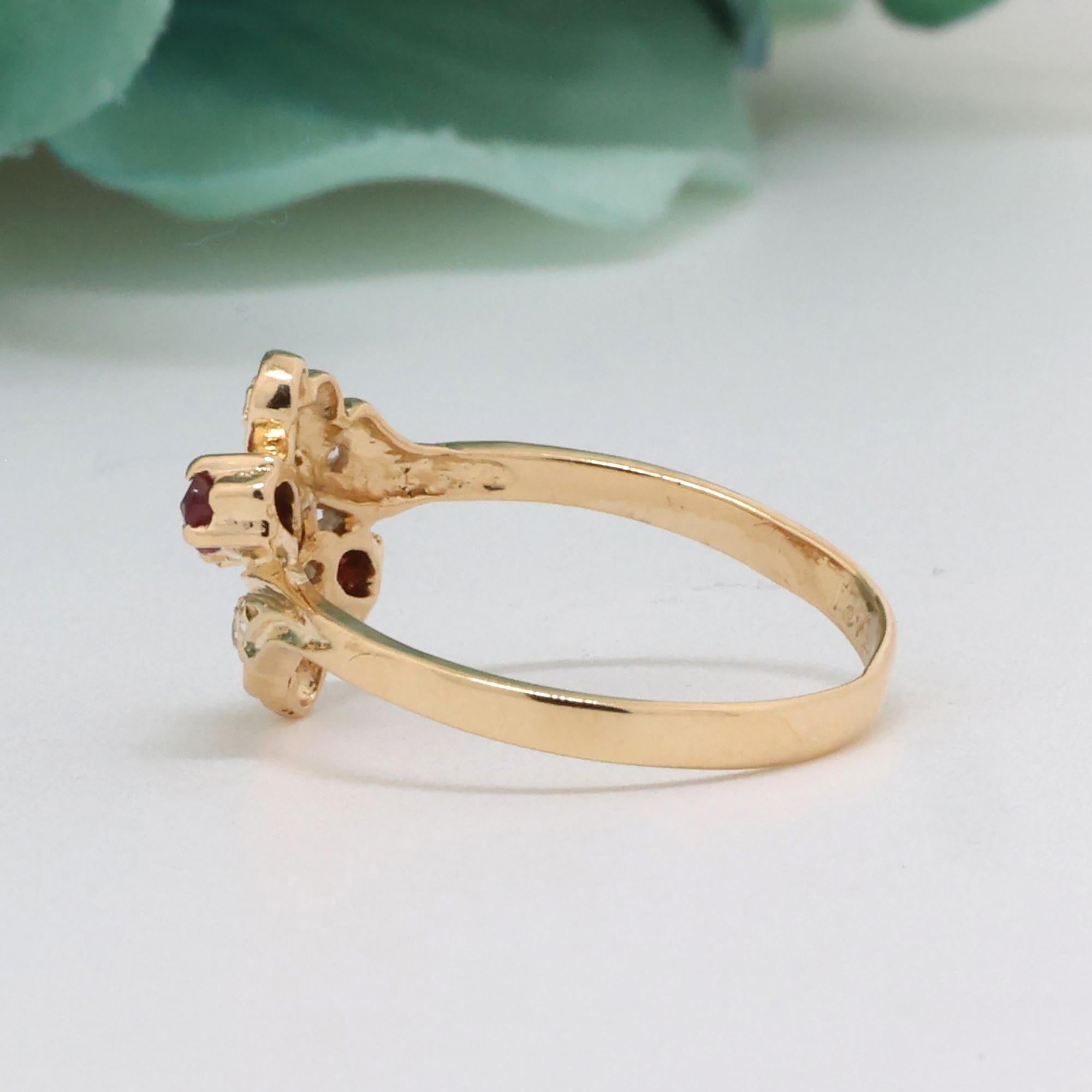 Ruby Diamond Floral Cocktail Ring 18K Yellow Gold 0.46 CTW Size 7.25 Ladies