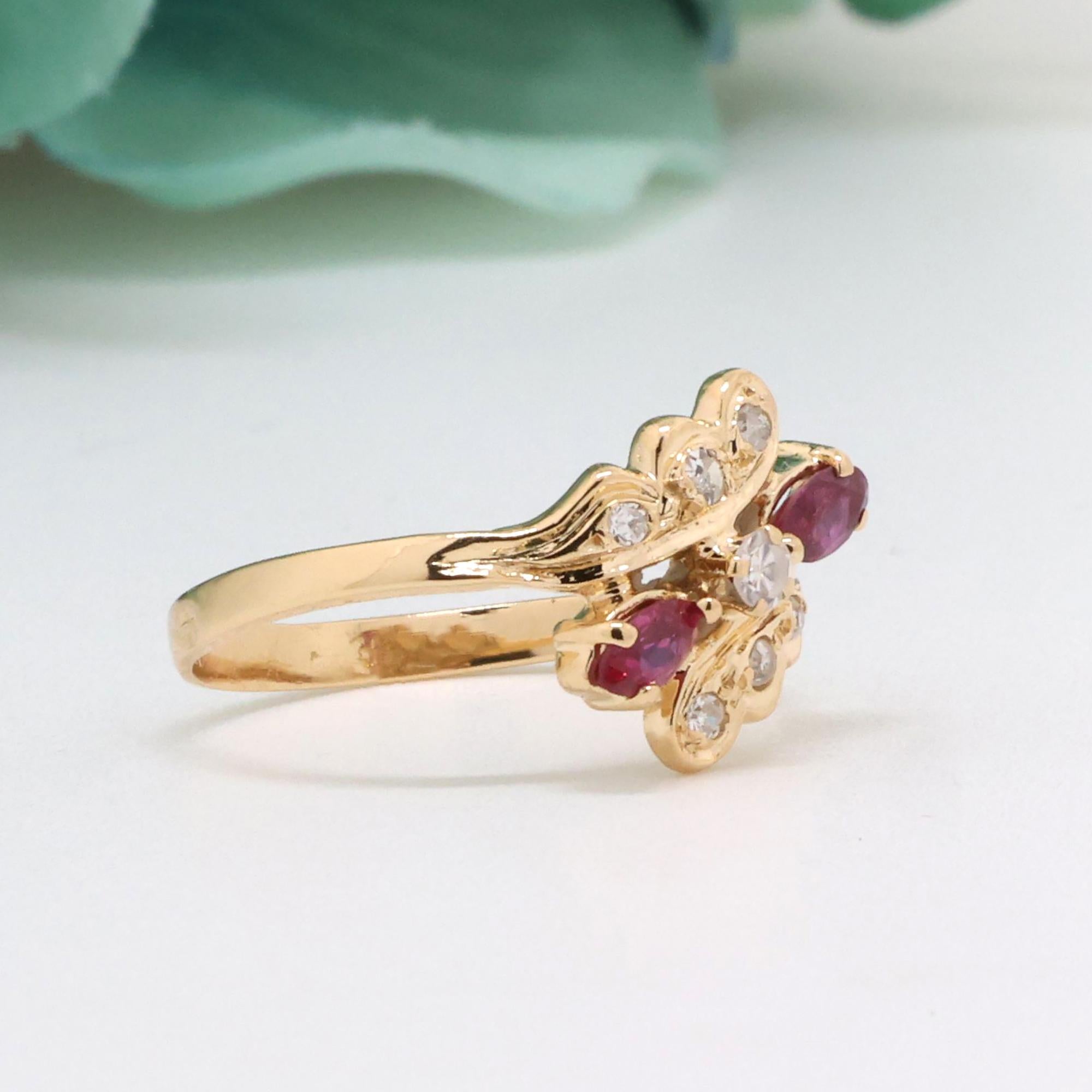 Ruby Diamond Floral Cocktail Ring 18K Yellow Gold 0.46 CTW Size 7.25 Ladies