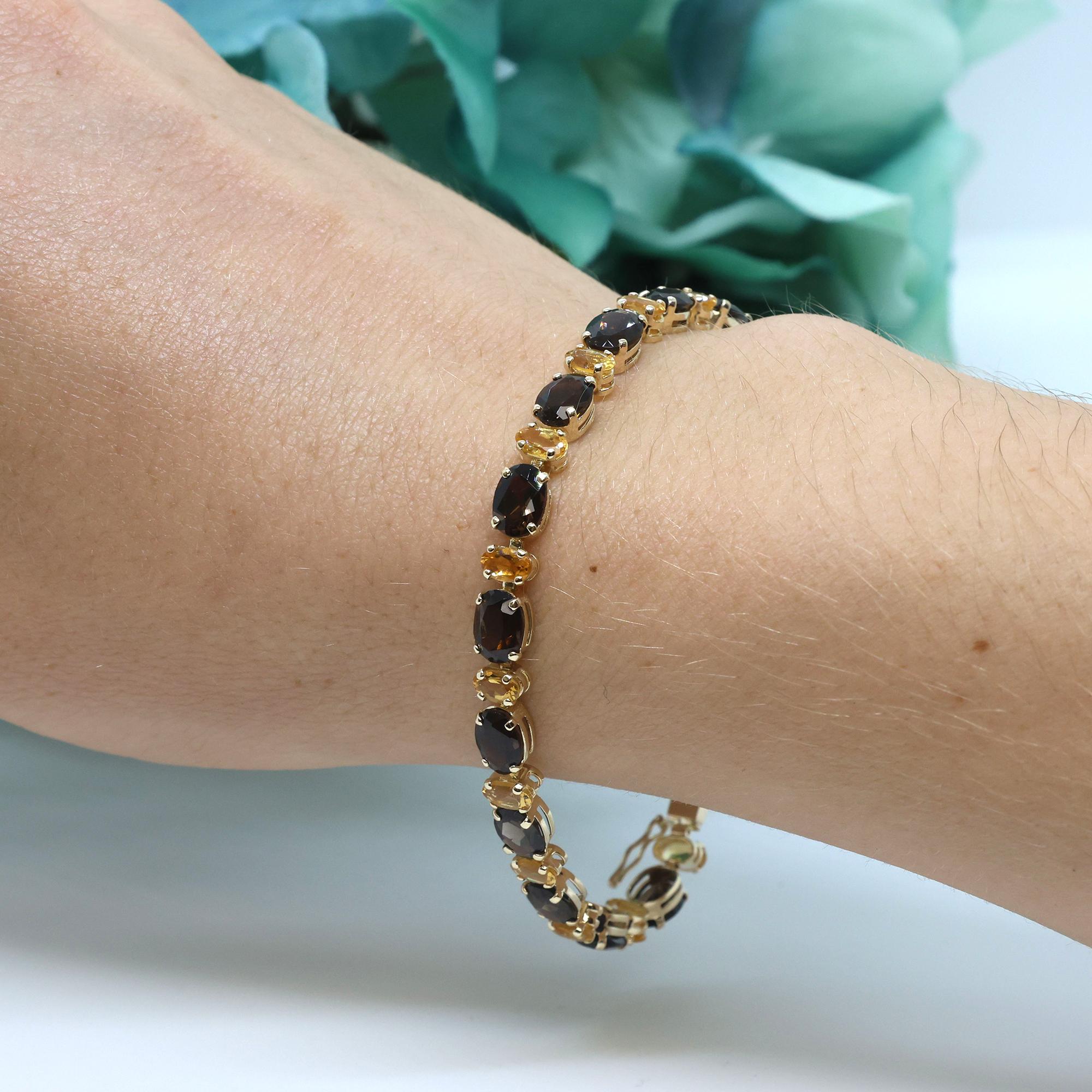 13.50 CTW Oval Smoky Quartz Citrine Gemstone Line Bracelet 14K Yellow Gold 6.75"