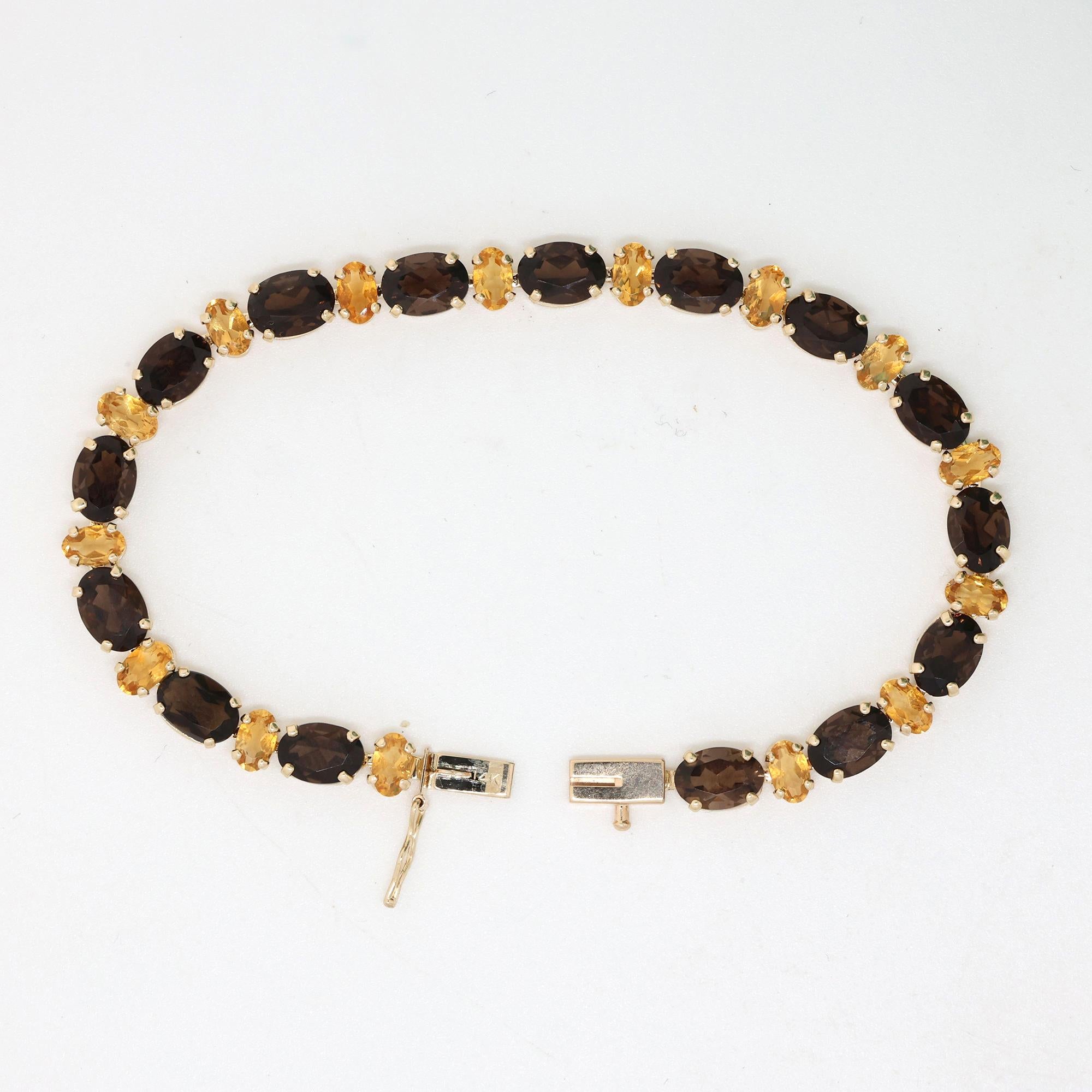 13.50 CTW Oval Smoky Quartz Citrine Gemstone Line Bracelet 14K Yellow Gold 6.75"